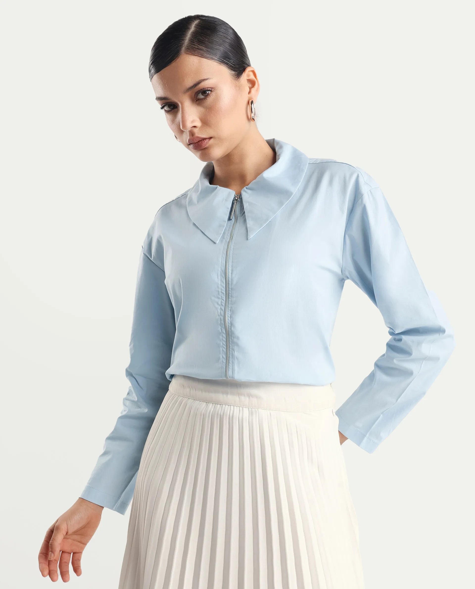 Rareism Women's Xan Light Blue Cotton Spread Collar Plain Regular Fit Top