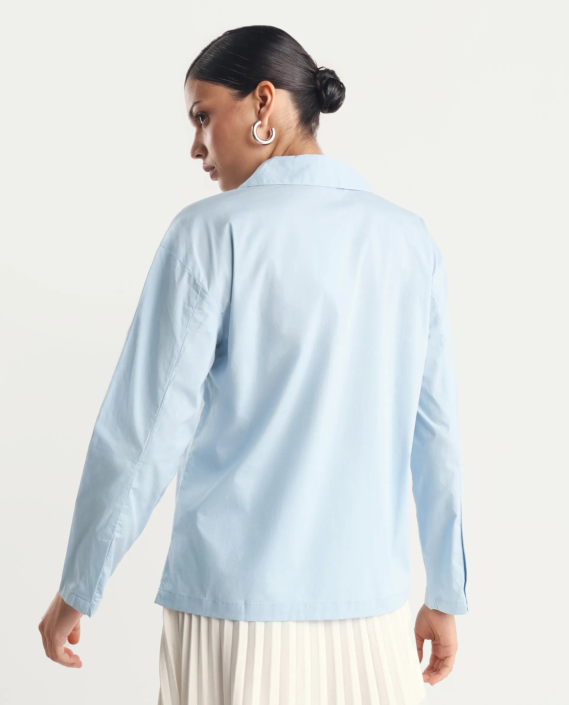 Rareism Women's Xan Light Blue Cotton Spread Collar Plain Regular Fit Top