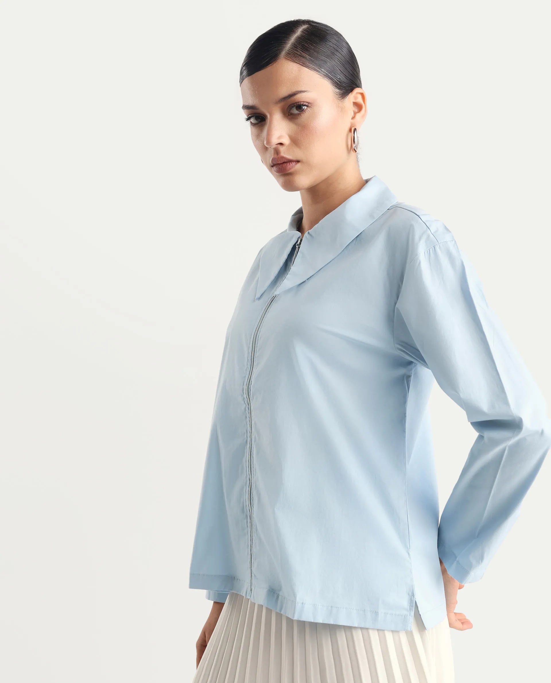Rareism Women's Xan Light Blue Cotton Spread Collar Plain Regular Fit Top