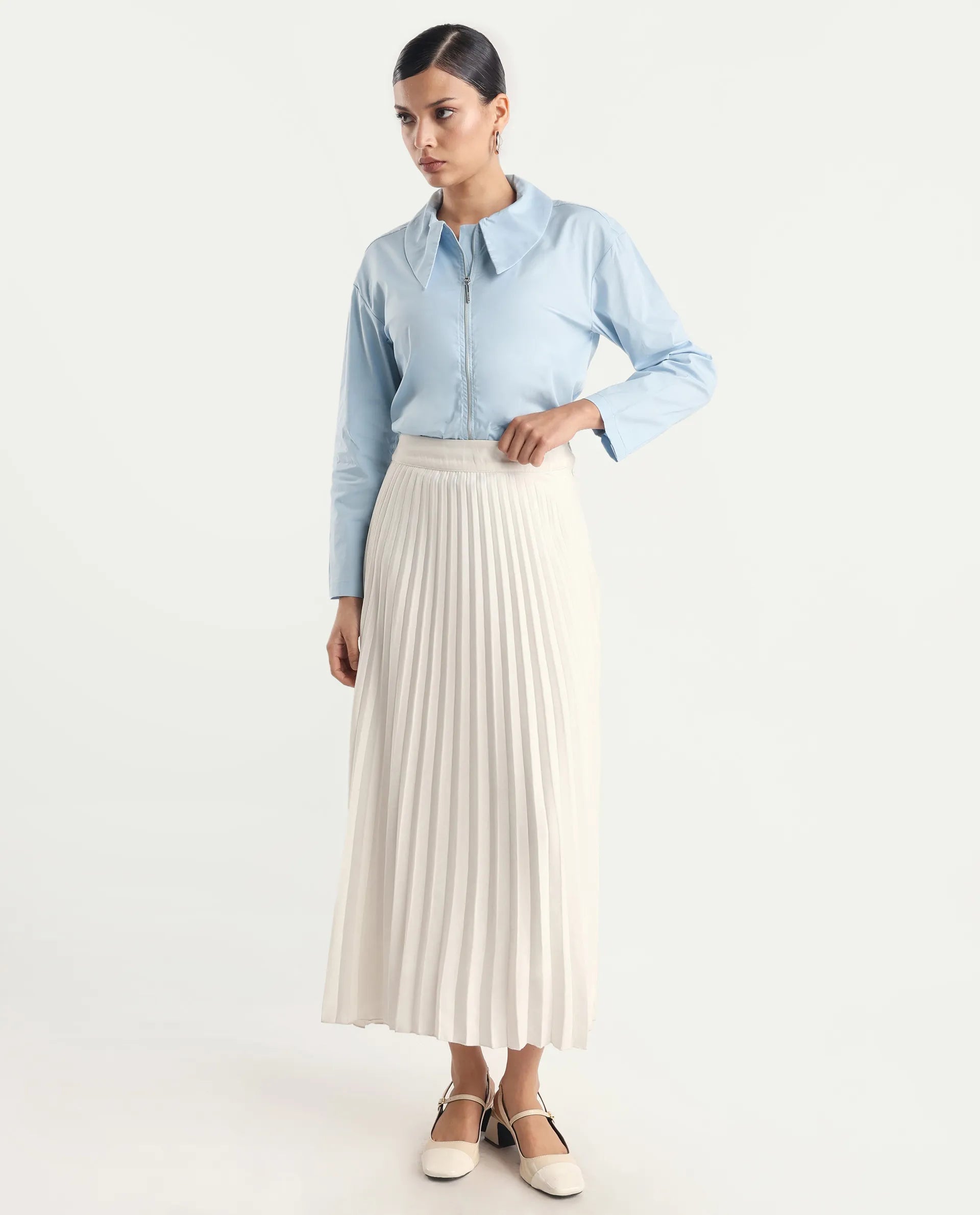 Rareism Women's Xan Light Blue Cotton Spread Collar Plain Regular Fit Top