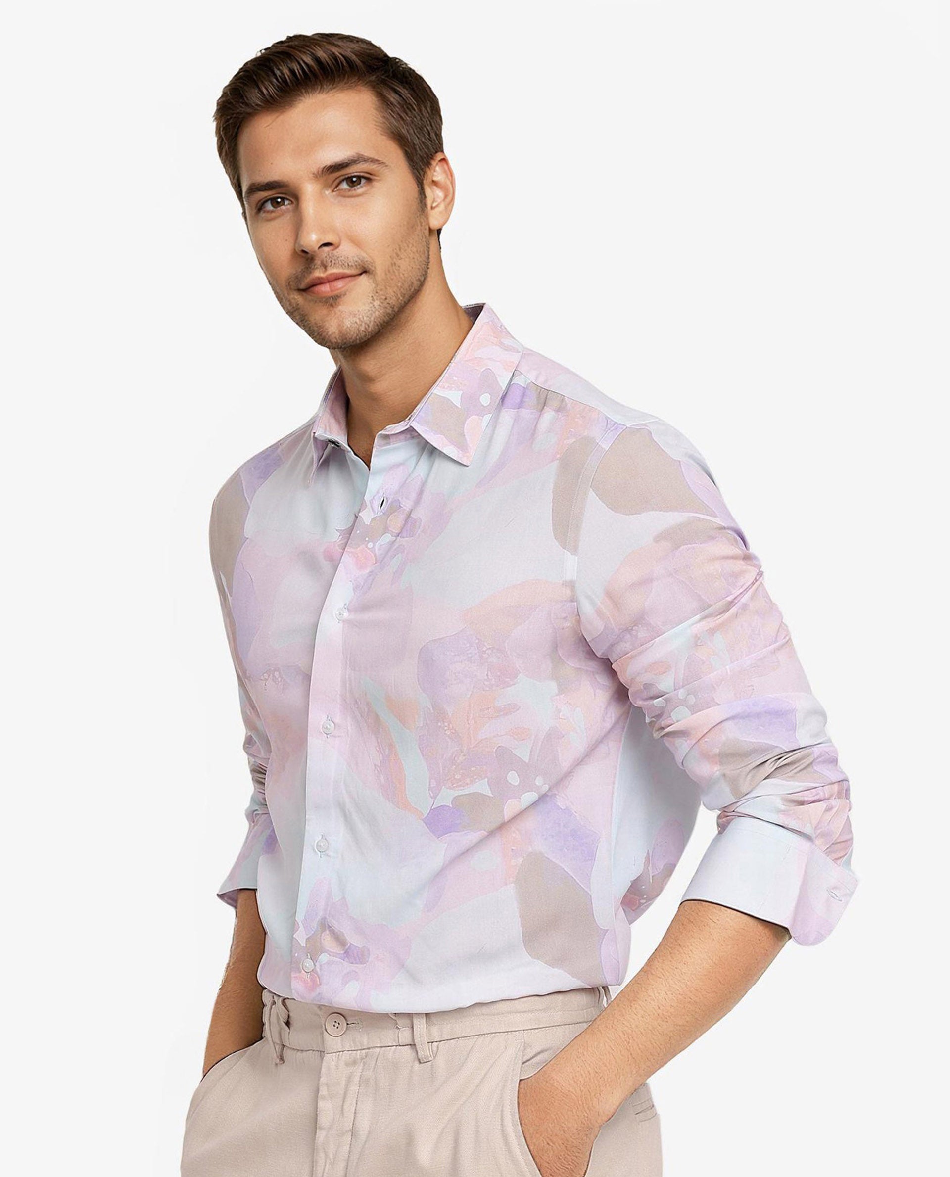 Rare Rabbit Men Xano Pastel Blue Viscose Nylon Fabric Full Sleeve Regular Fit Abstract Print Shirt