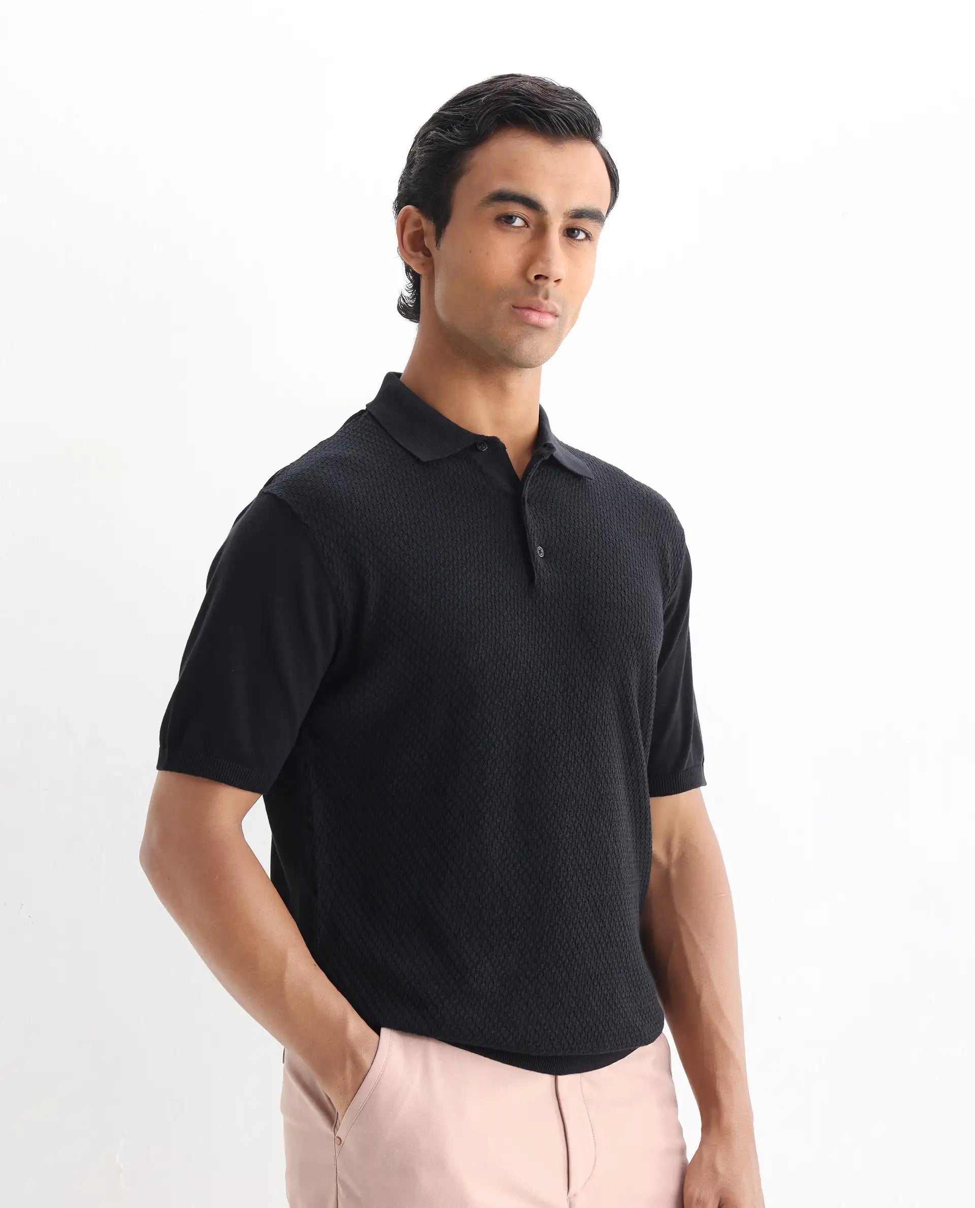 Rare Rabbit Men's Xas Black Cotton Textured Regular Fit Half Sleeve Polo