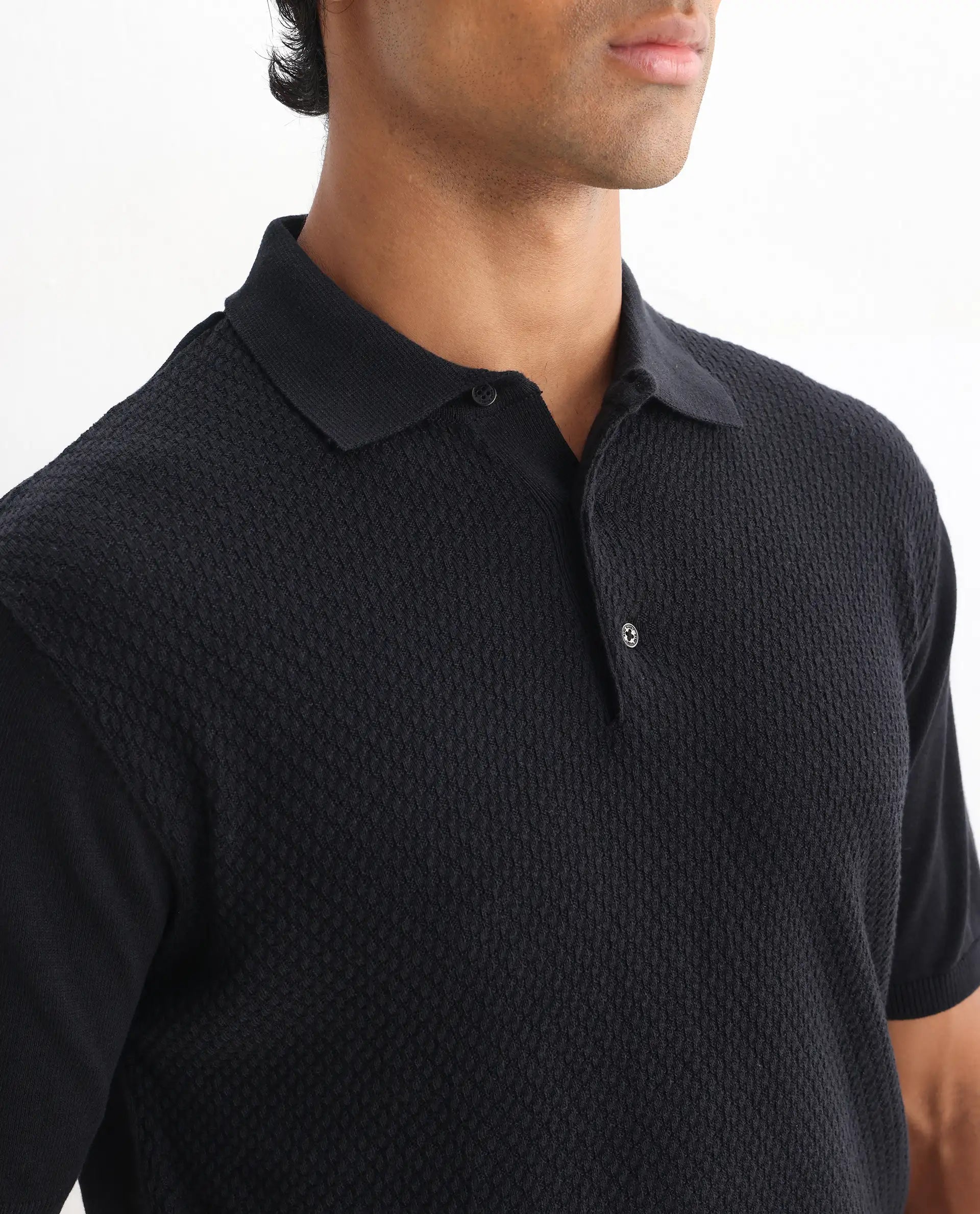 Rare Rabbit Men's Xas Black Cotton Textured Regular Fit Half Sleeve Polo