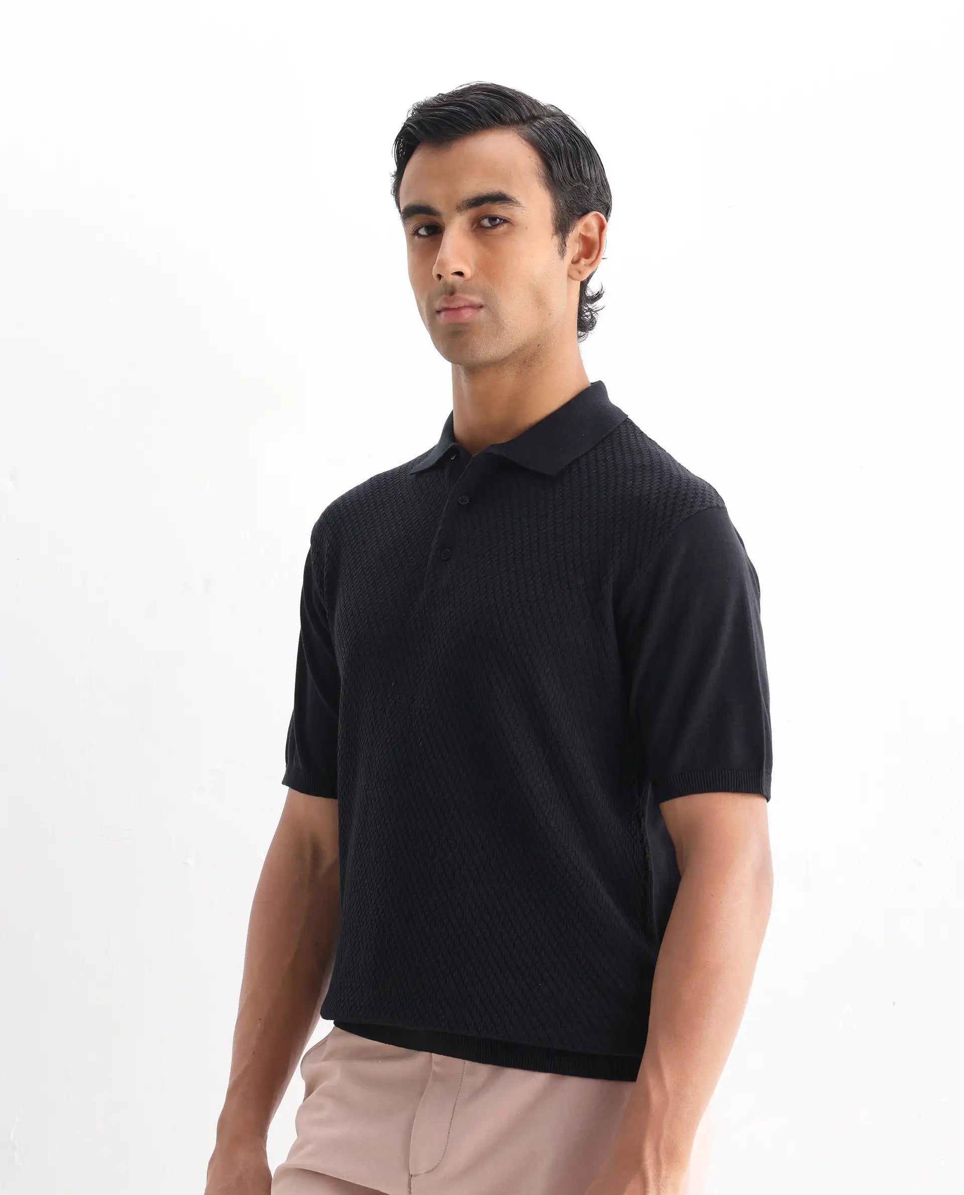 Rare Rabbit Men's Xas Black Cotton Textured Regular Fit Half Sleeve Polo