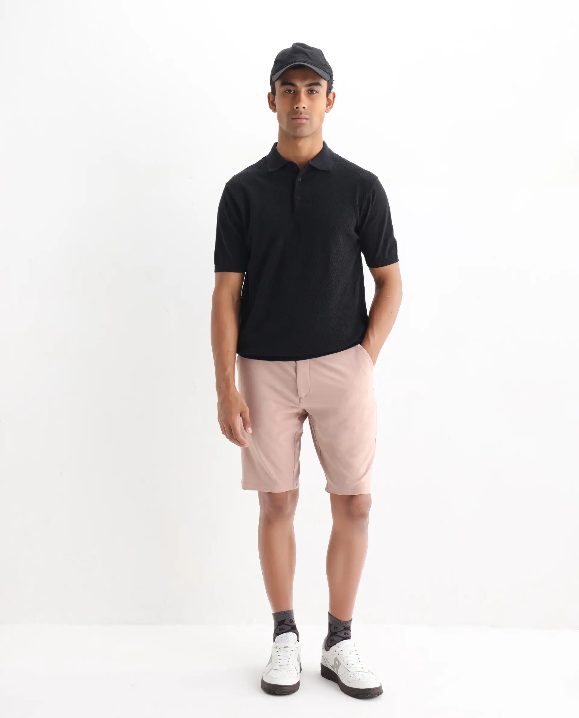 Rare Rabbit Men's Xas Black Cotton Textured Regular Fit Half Sleeve Polo