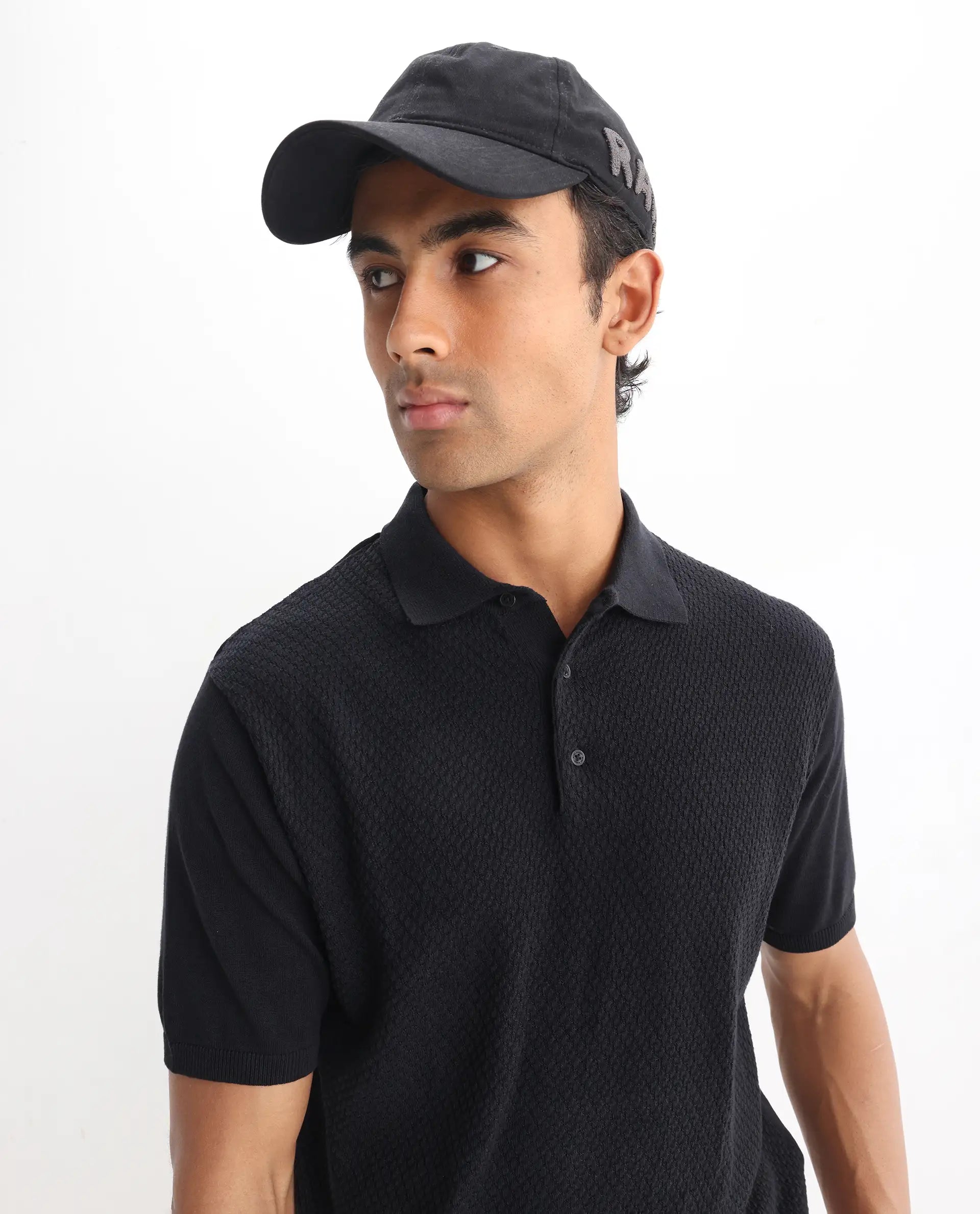 Rare Rabbit Men's Xas Black Cotton Textured Regular Fit Half Sleeve Polo