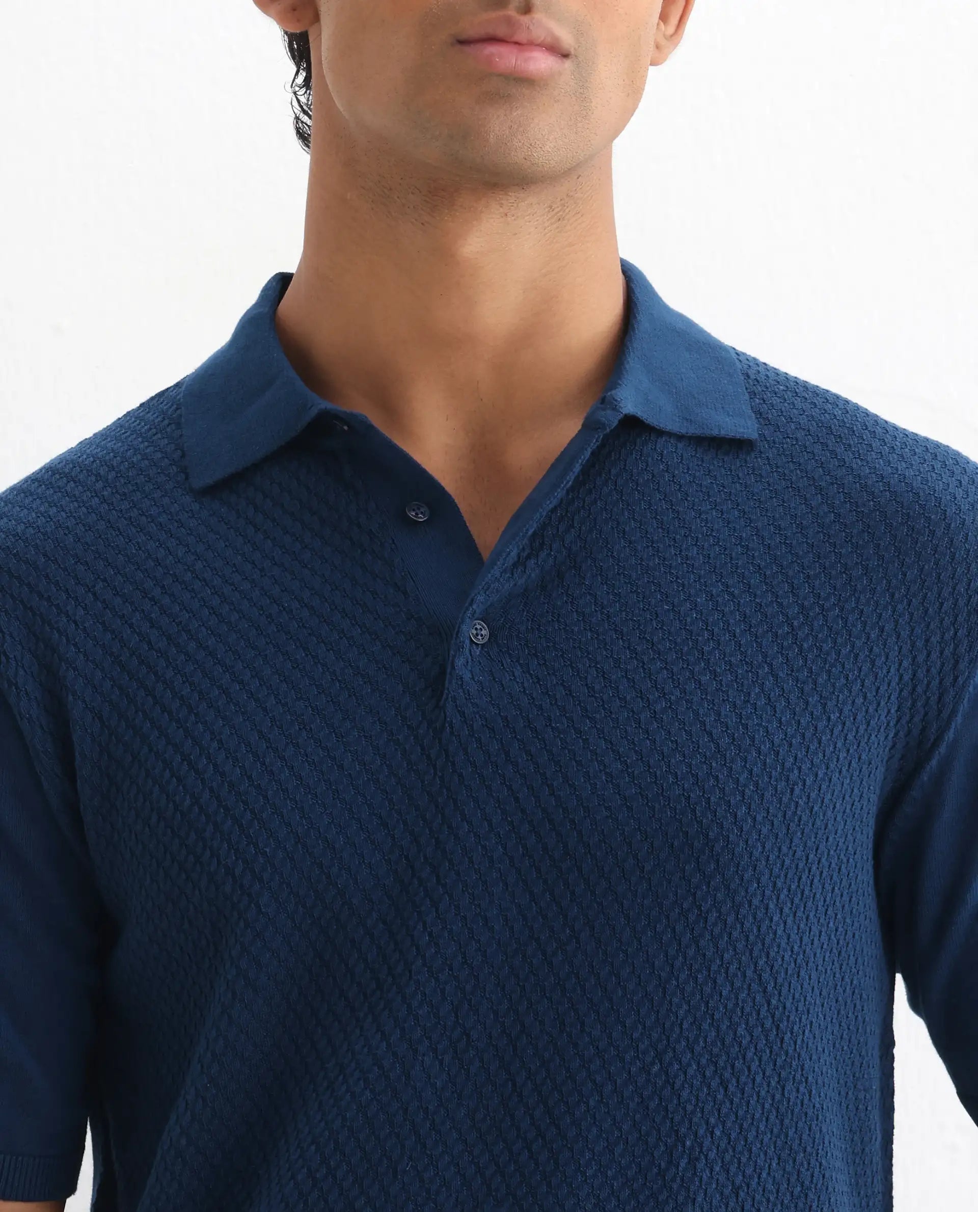 Rare Rabbit Men's Xas Blue Cotton Textured Regular Fit Half Sleeve Polo