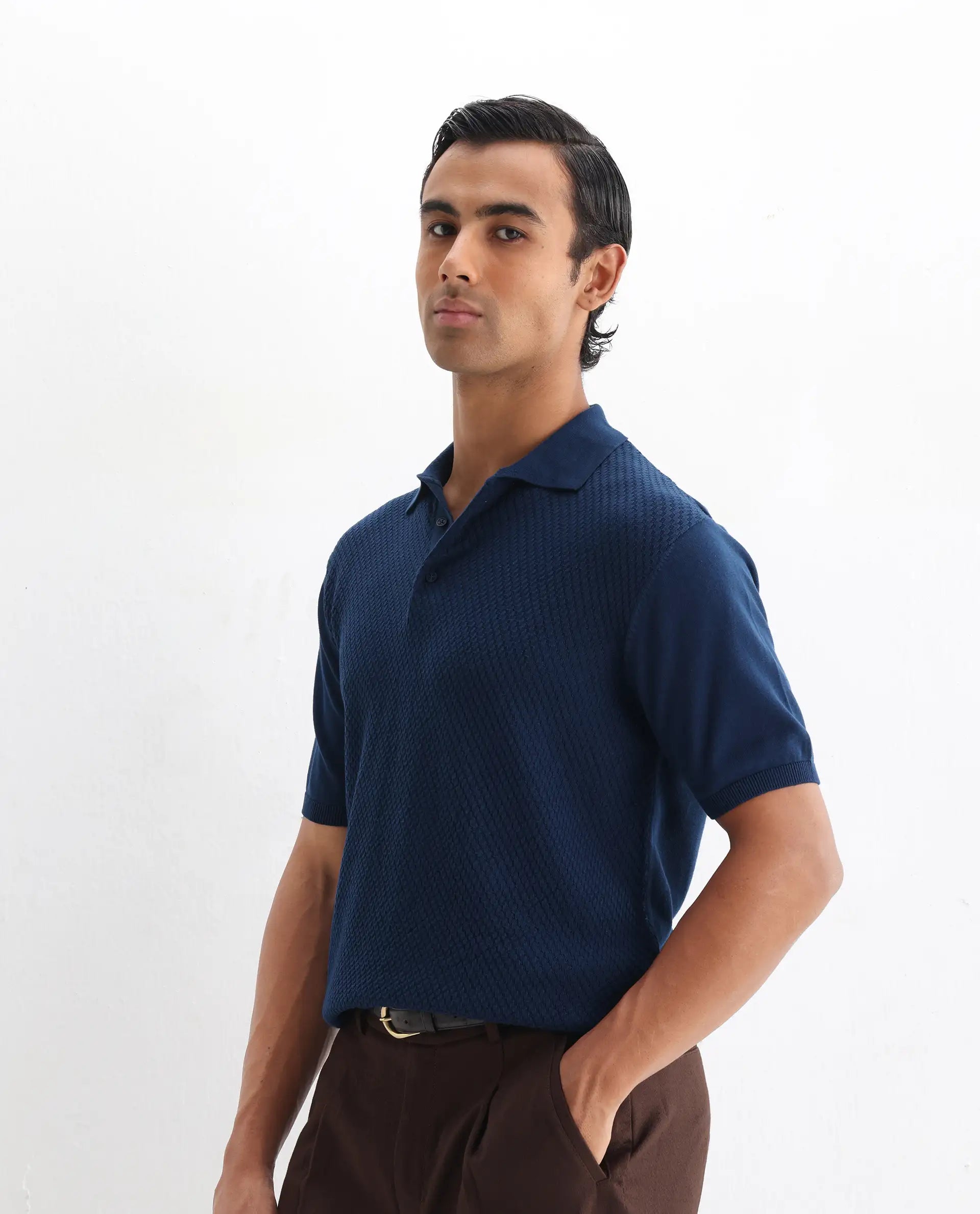 Rare Rabbit Men's Xas Blue Cotton Textured Regular Fit Half Sleeve Polo