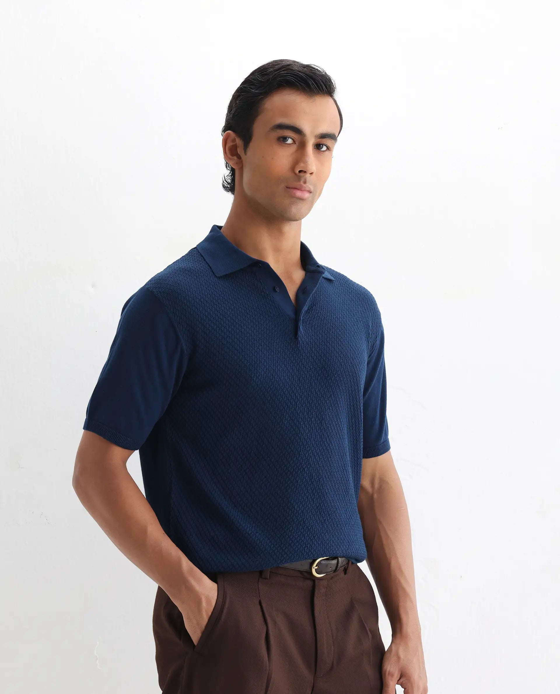 Rare Rabbit Men's Xas Blue Cotton Textured Regular Fit Half Sleeve Polo
