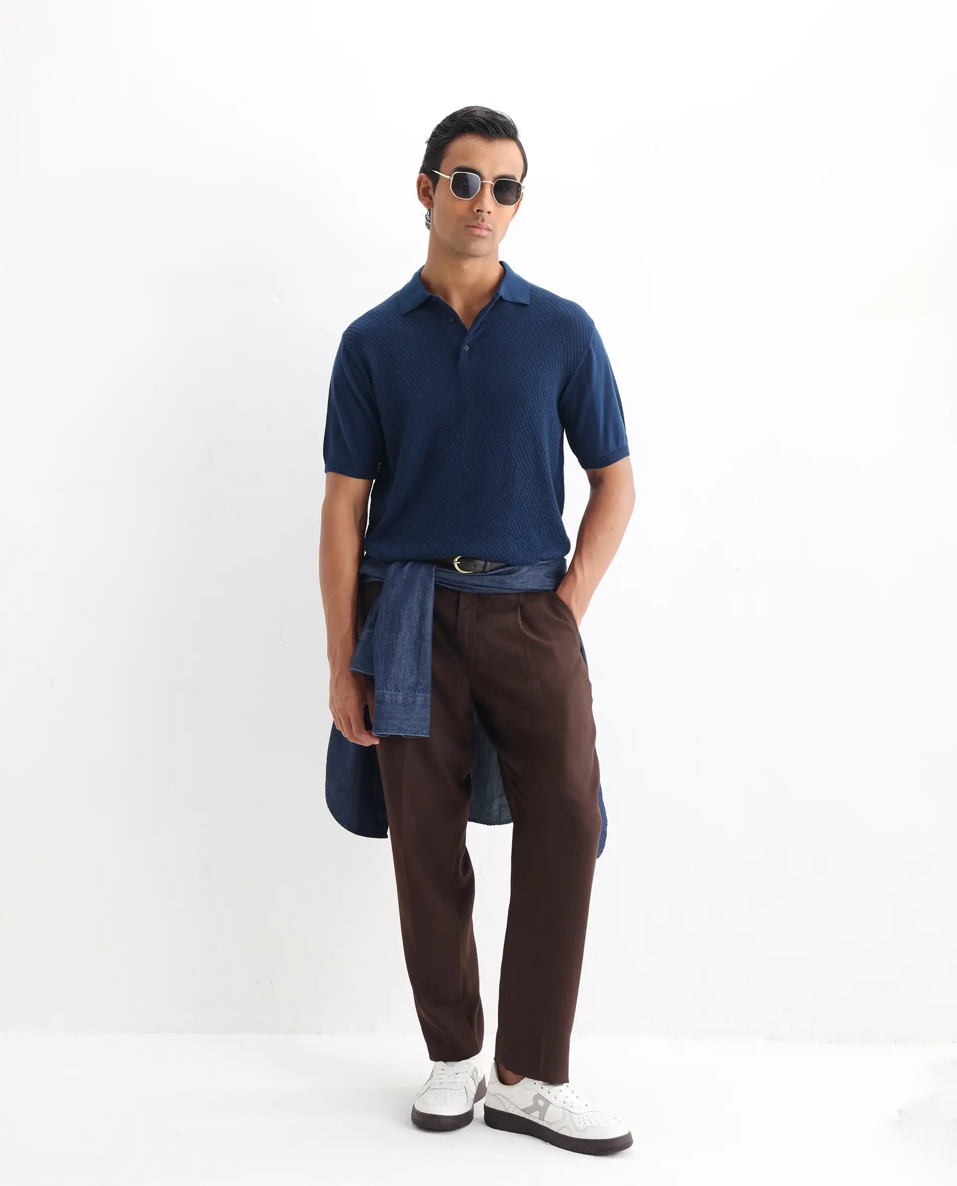 Rare Rabbit Men's Xas Blue Cotton Textured Regular Fit Half Sleeve Polo