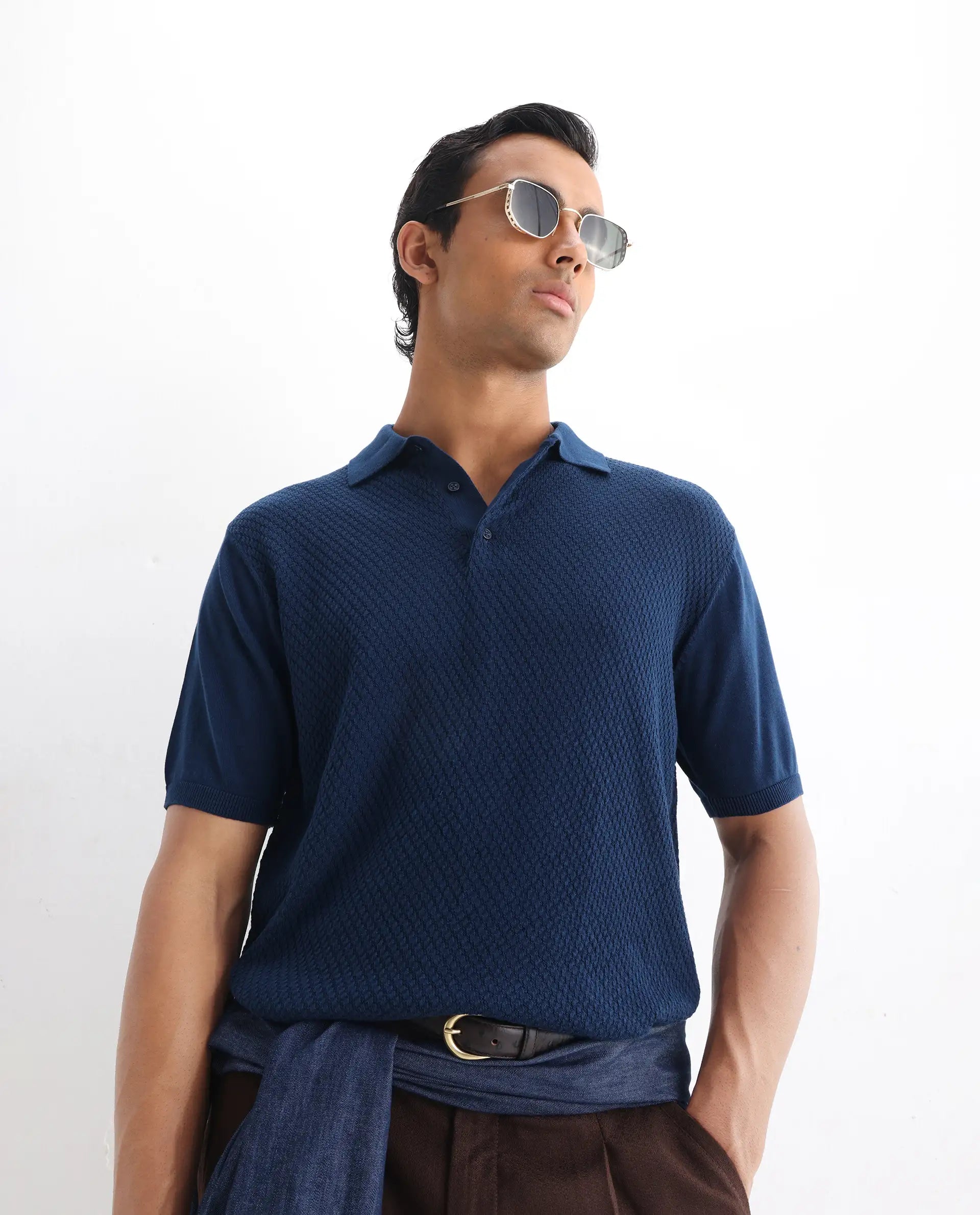 Rare Rabbit Men's Xas Blue Cotton Textured Regular Fit Half Sleeve Polo