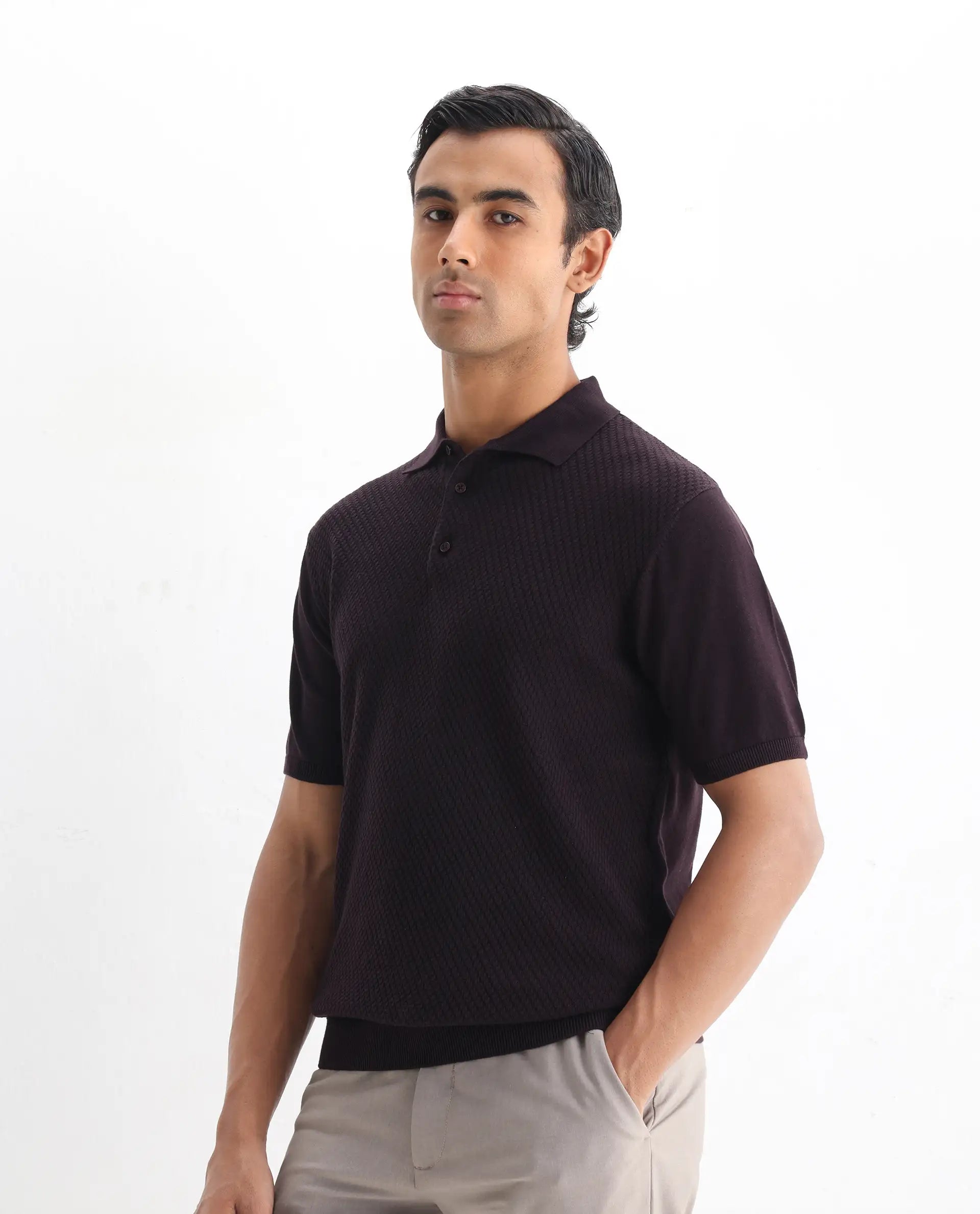 Rare Rabbit Men's Xas Dark Brown Cotton Plain Regular Fit Half Sleeve Polo