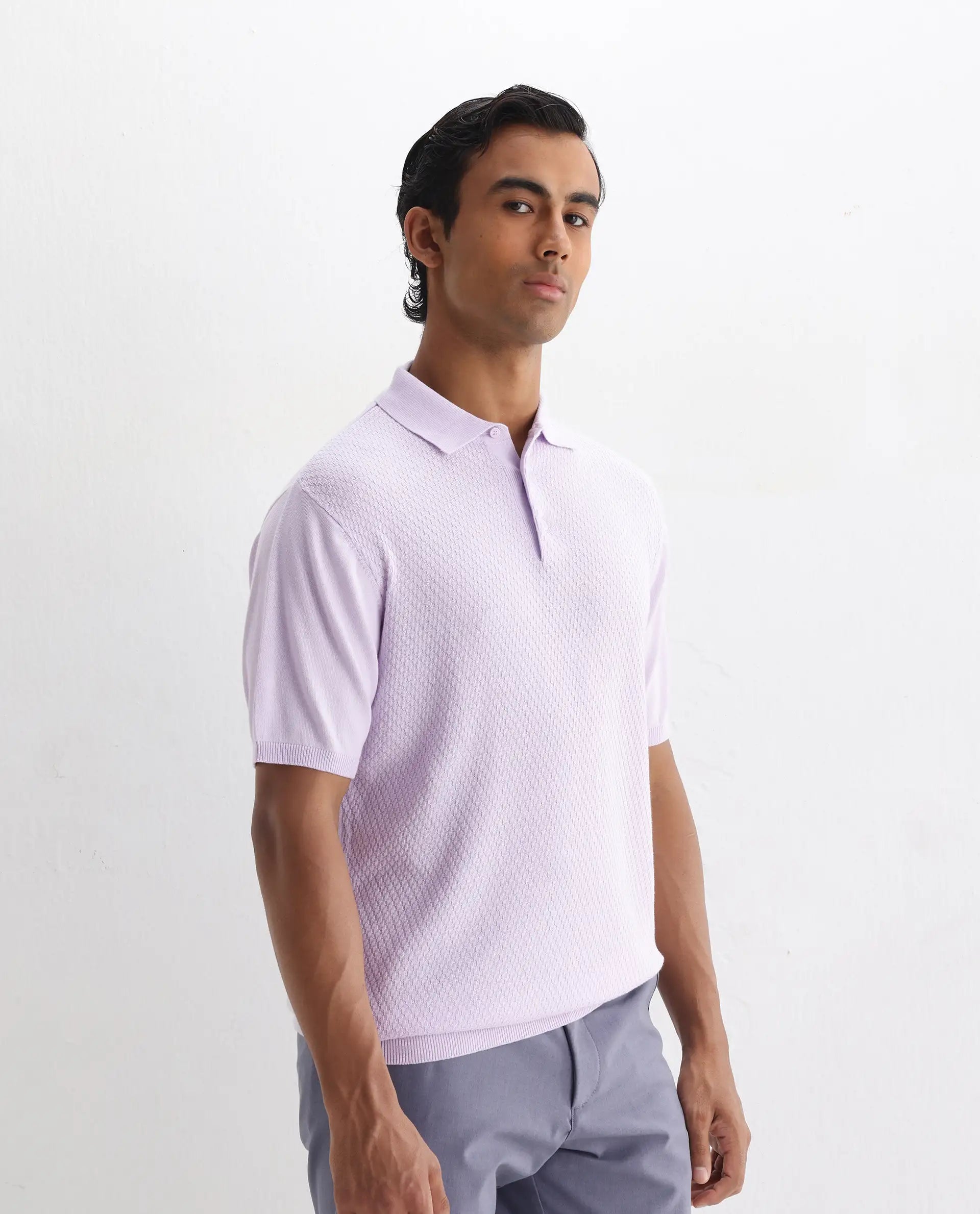 Rare Rabbit Men's Xas Pastel Purple Cotton Textured Regular Fit Half Sleeve Polo