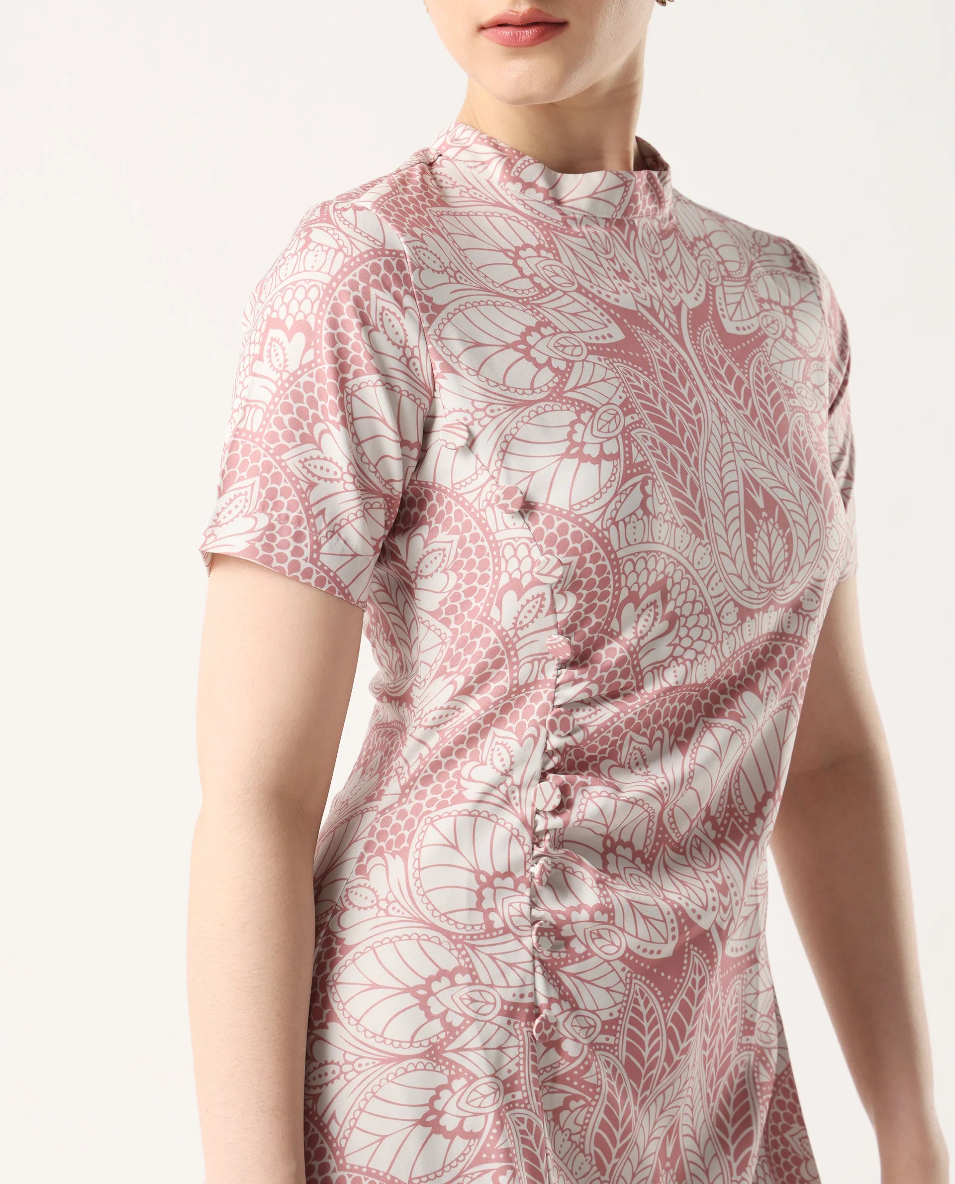 Rareism Women's Xem Multi Satin High Neck Paisley Print Midi Straight Fit Dress