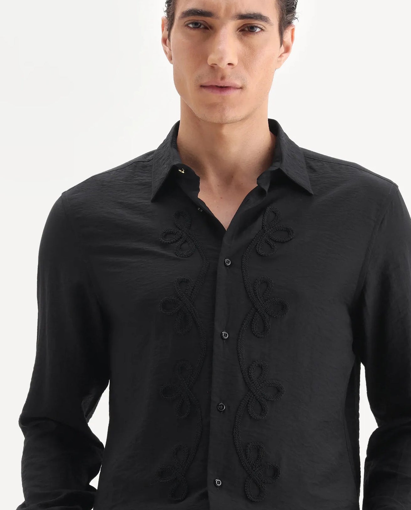 Rare Rabbit Men's Xeron Black Viscose Blend Fabric Collared Neck Regular Fit Embroidered Shirt
