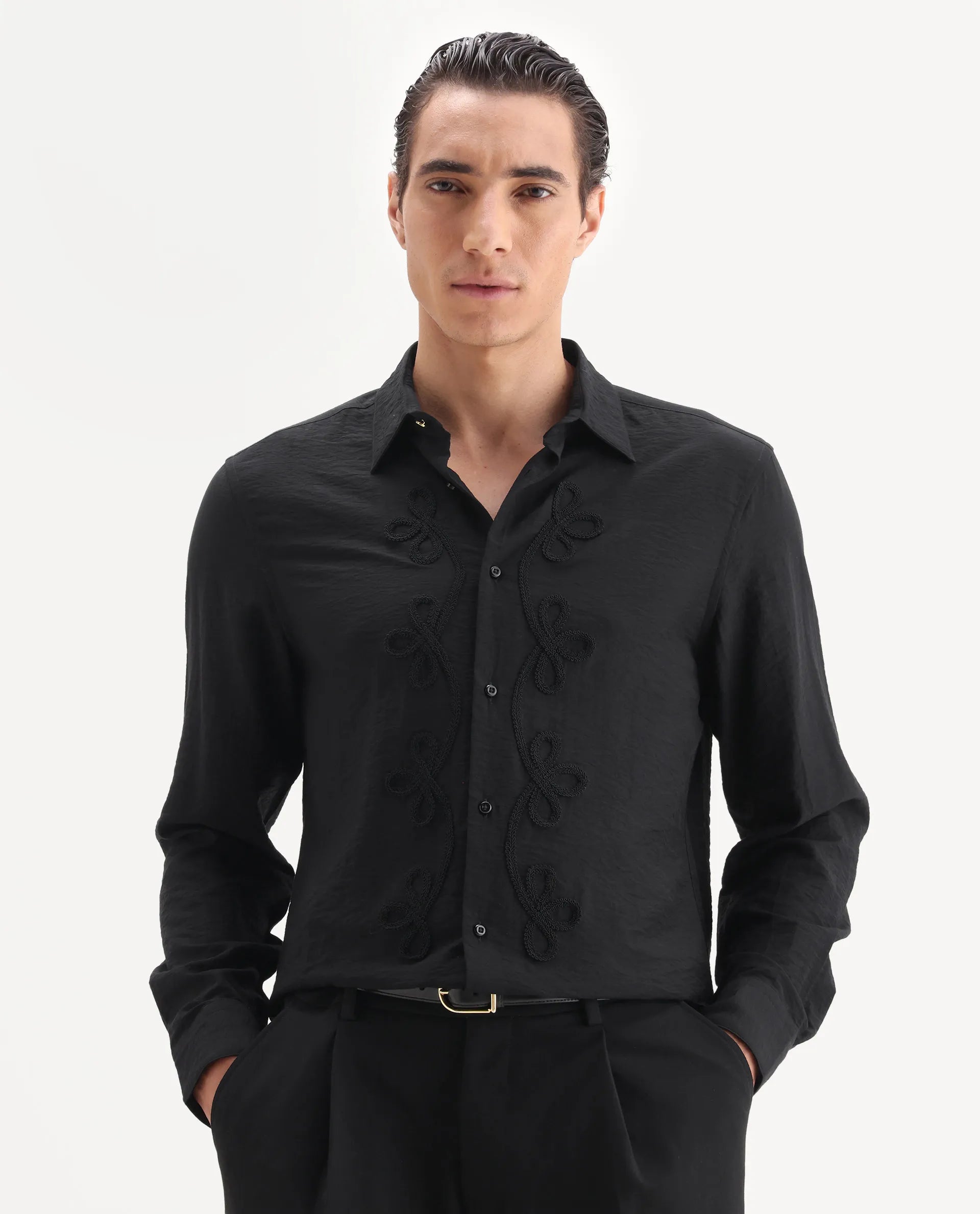 Rare Rabbit Men's Xeron Black Viscose Blend Fabric Collared Neck Regular Fit Embroidered Shirt