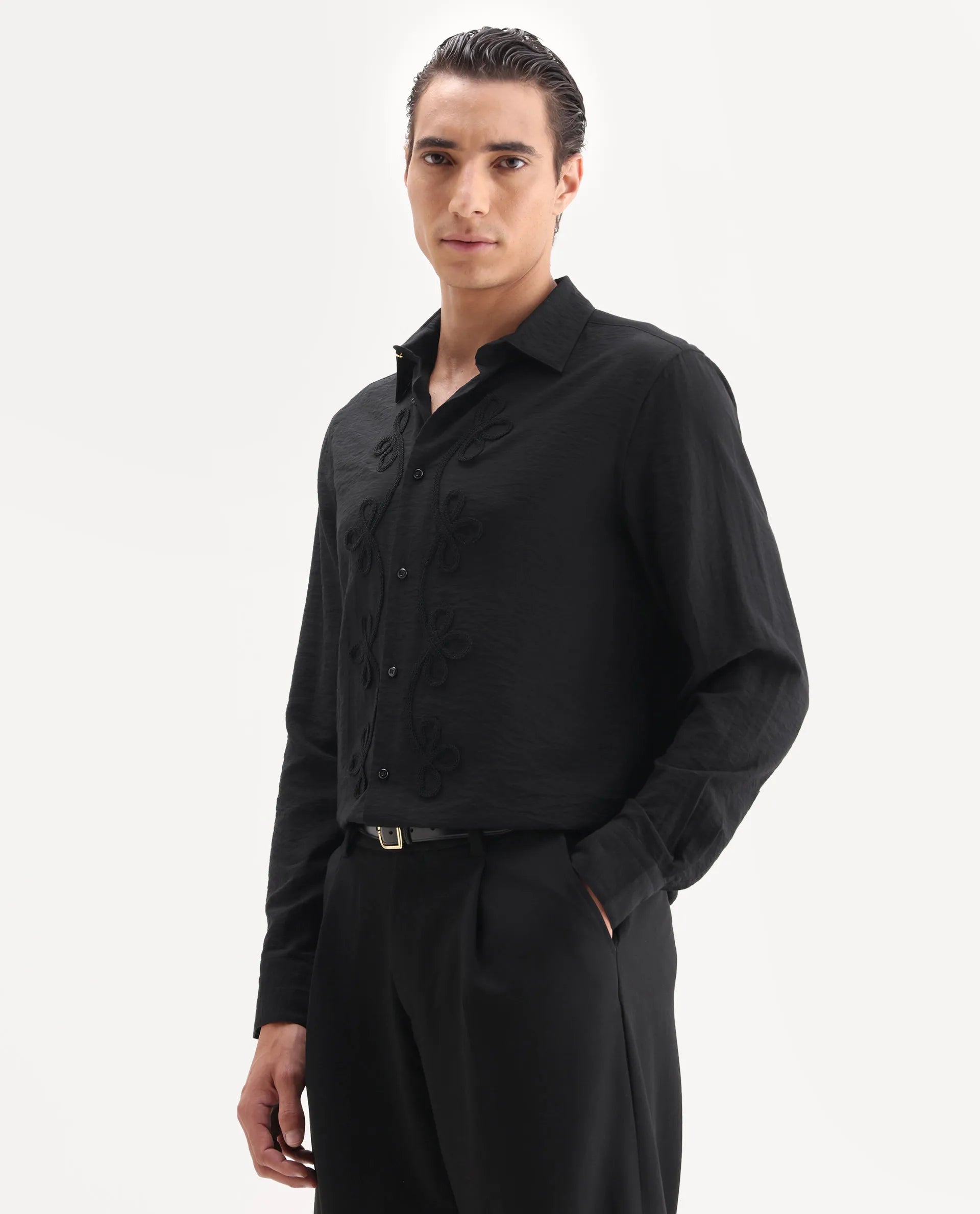 Rare Rabbit Men's Xeron Black Viscose Blend Fabric Collared Neck Regular Fit Embroidered Shirt