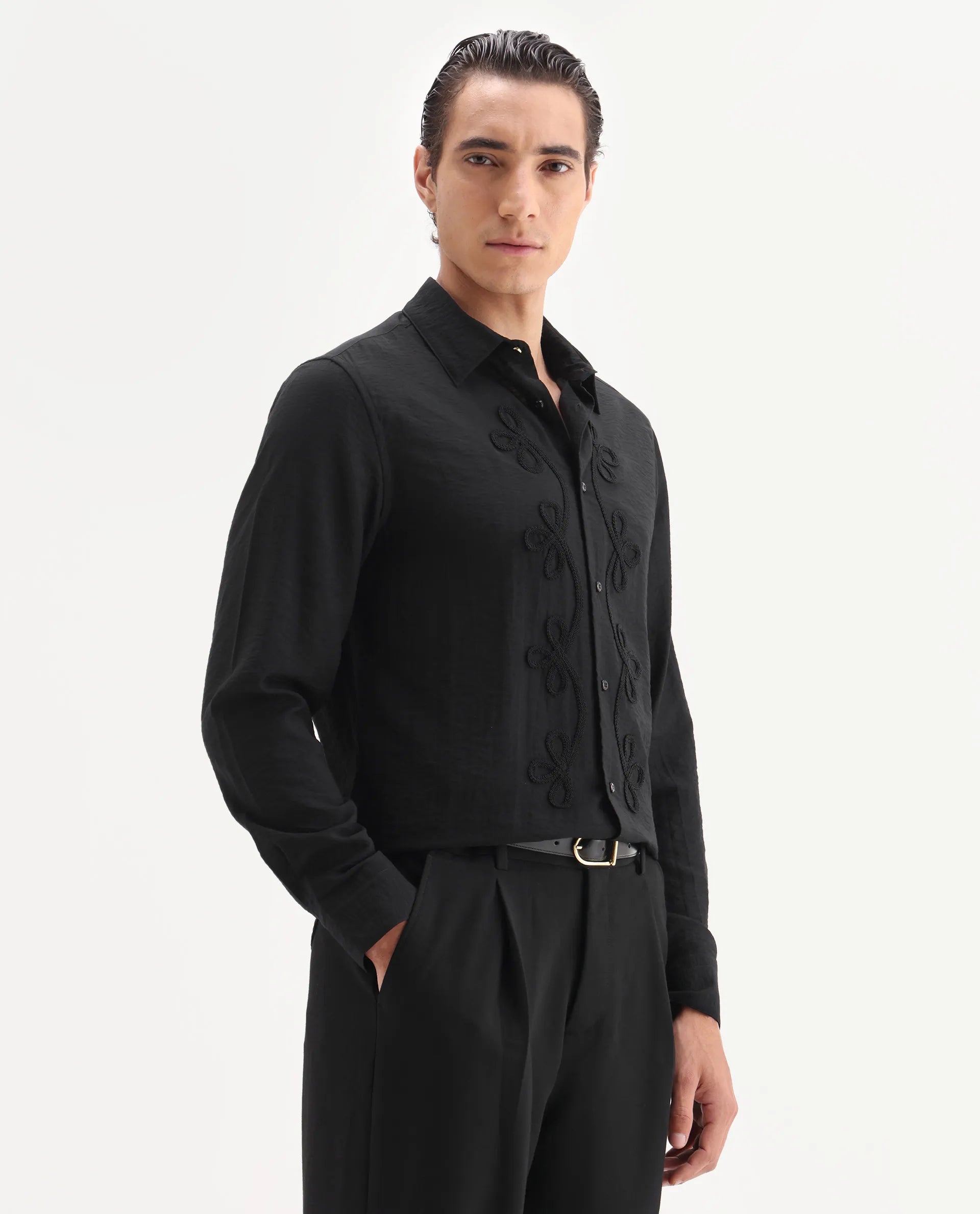 Rare Rabbit Men's Xeron Black Viscose Blend Fabric Collared Neck Regular Fit Embroidered Shirt