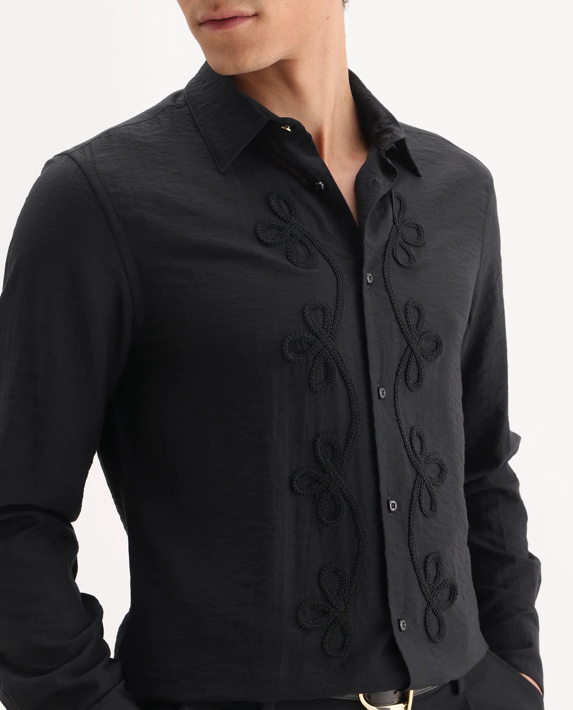 Rare Rabbit Men's Xeron Black Viscose Blend Fabric Collared Neck Regular Fit Embroidered Shirt