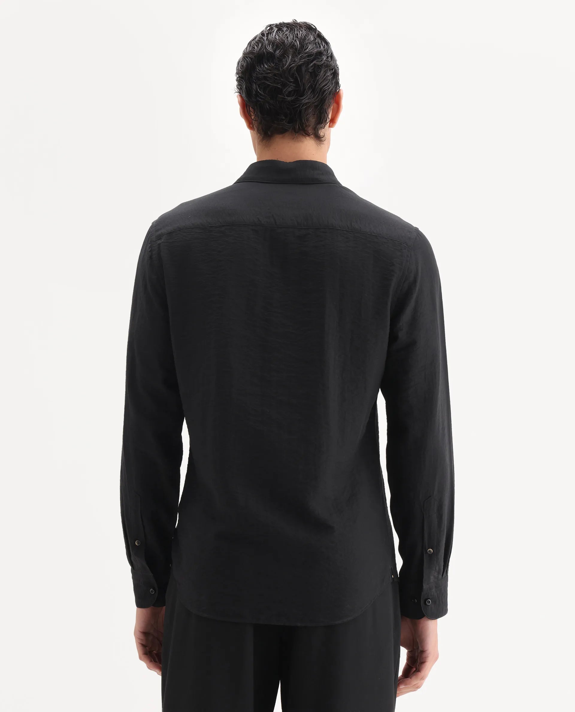 Rare Rabbit Men's Xeron Black Viscose Blend Fabric Collared Neck Regular Fit Embroidered Shirt