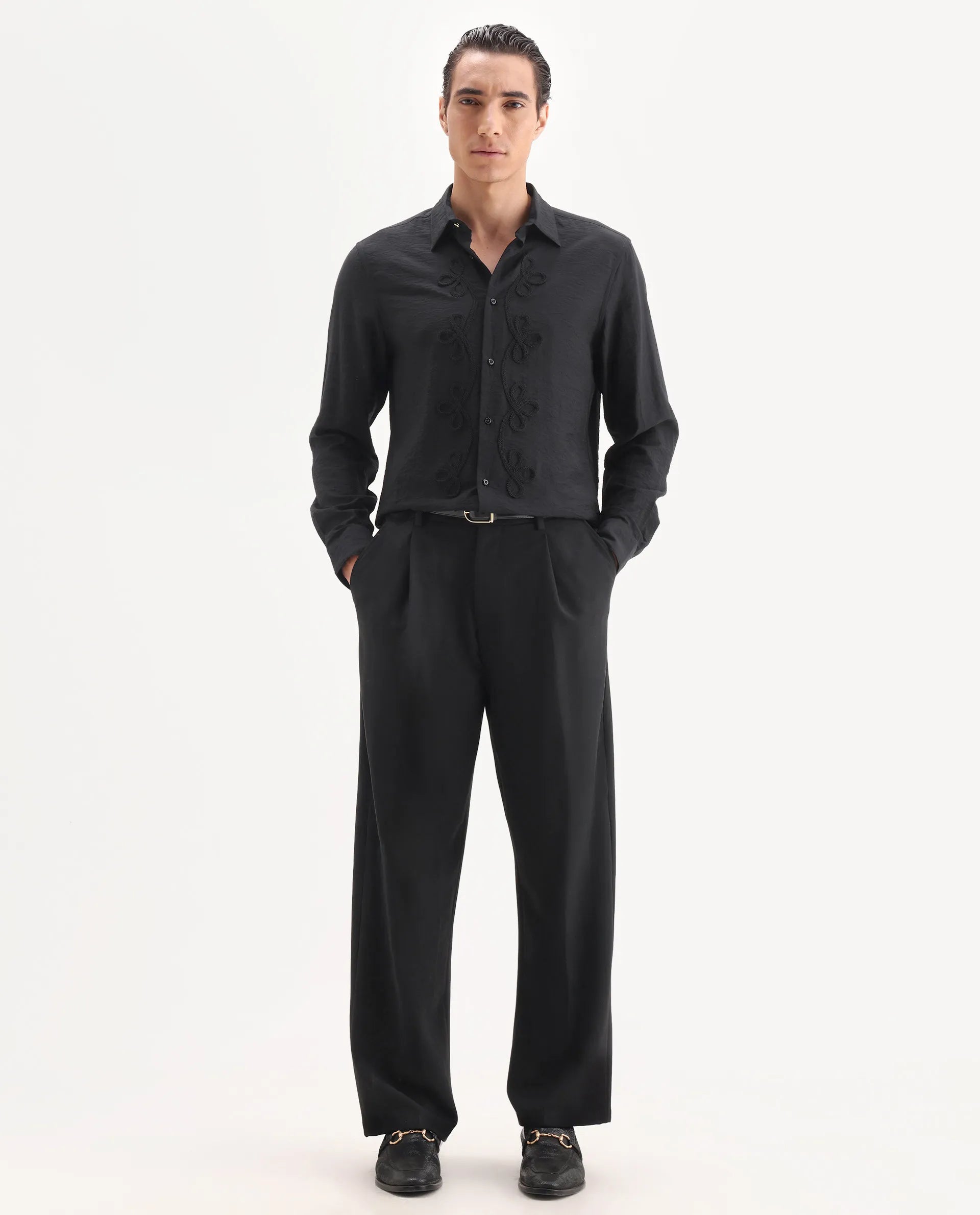 Rare Rabbit Men's Xeron Black Viscose Blend Fabric Collared Neck Regular Fit Embroidered Shirt