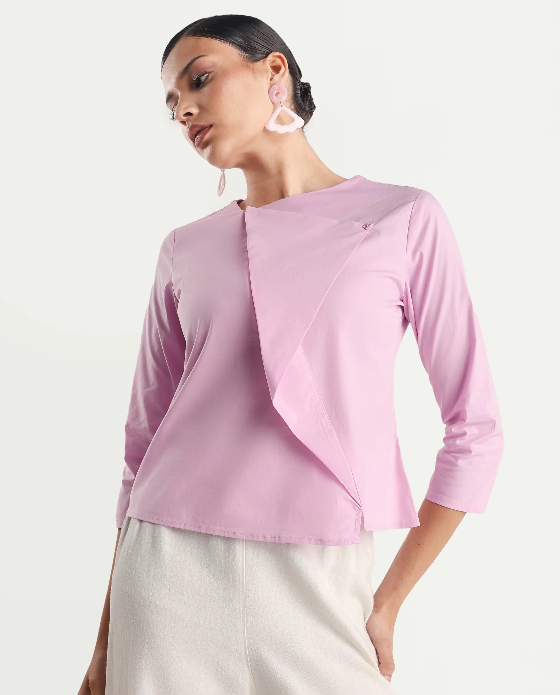 Rareism Women's Xew Light Pink Cotton Blend Asymmetric Neck Plain Regular Fit Top