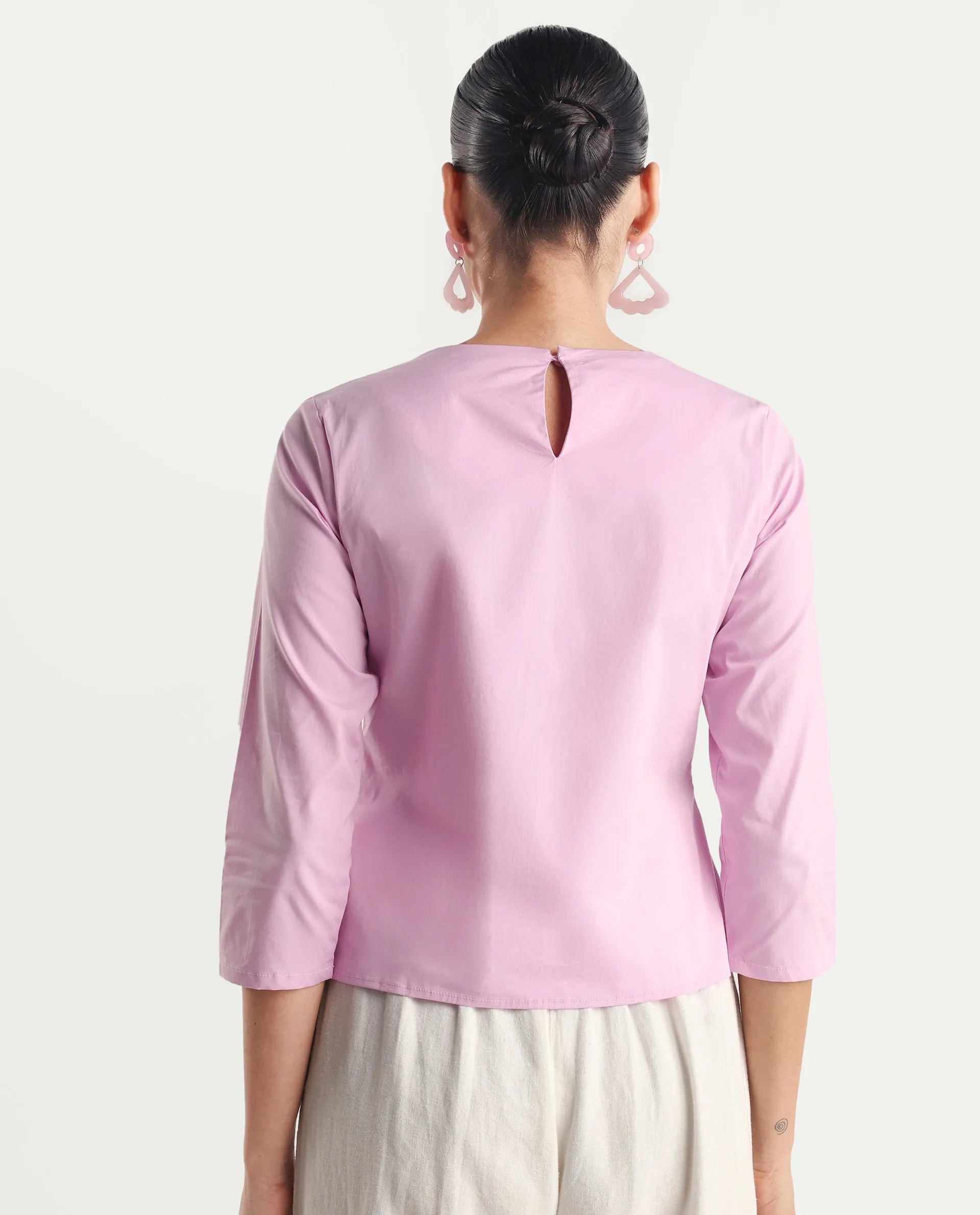 Rareism Women's Xew Light Pink Cotton Blend Asymmetric Neck Plain Regular Fit Top