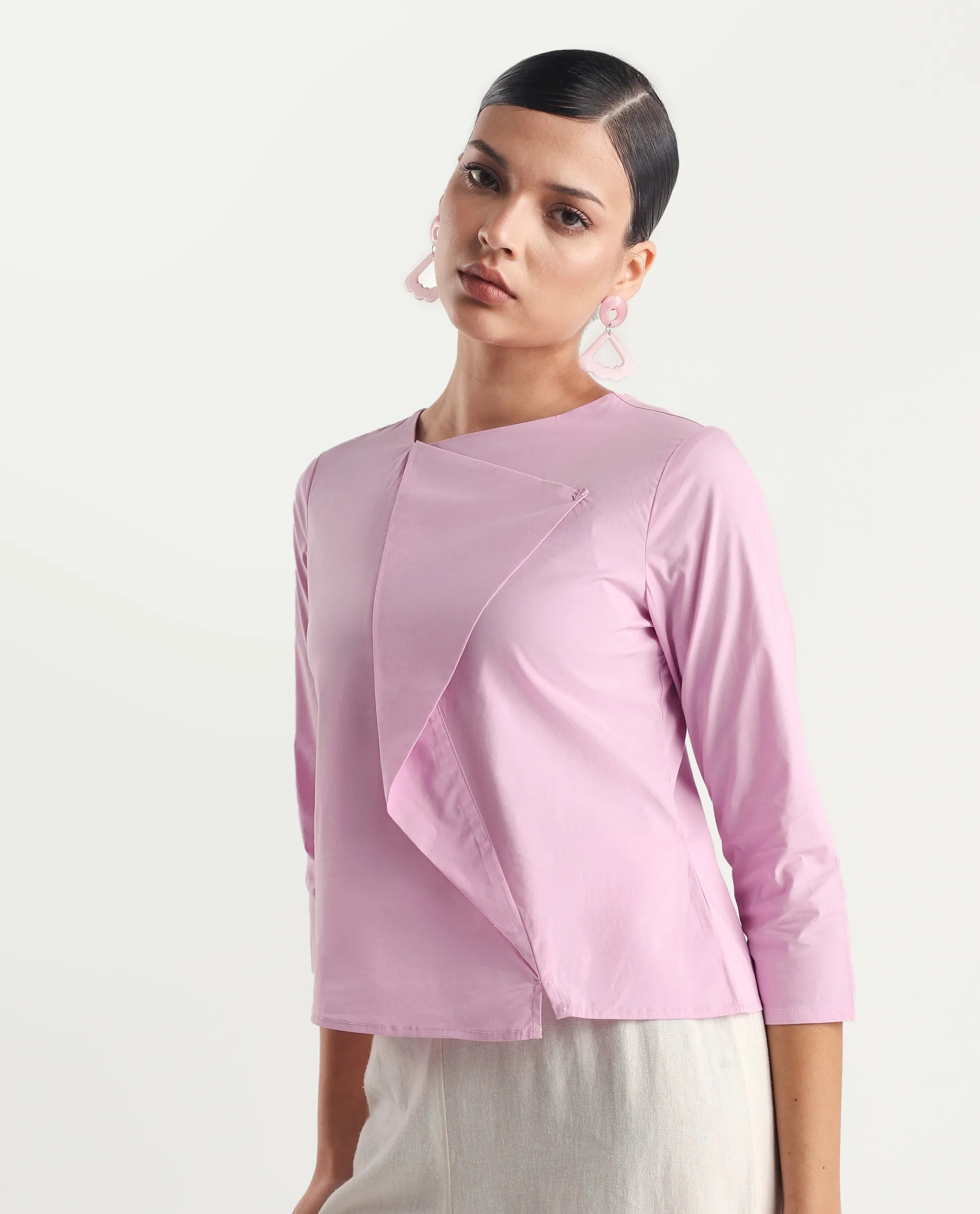Rareism Women's Xew Light Pink Cotton Blend Asymmetric Neck Plain Regular Fit Top
