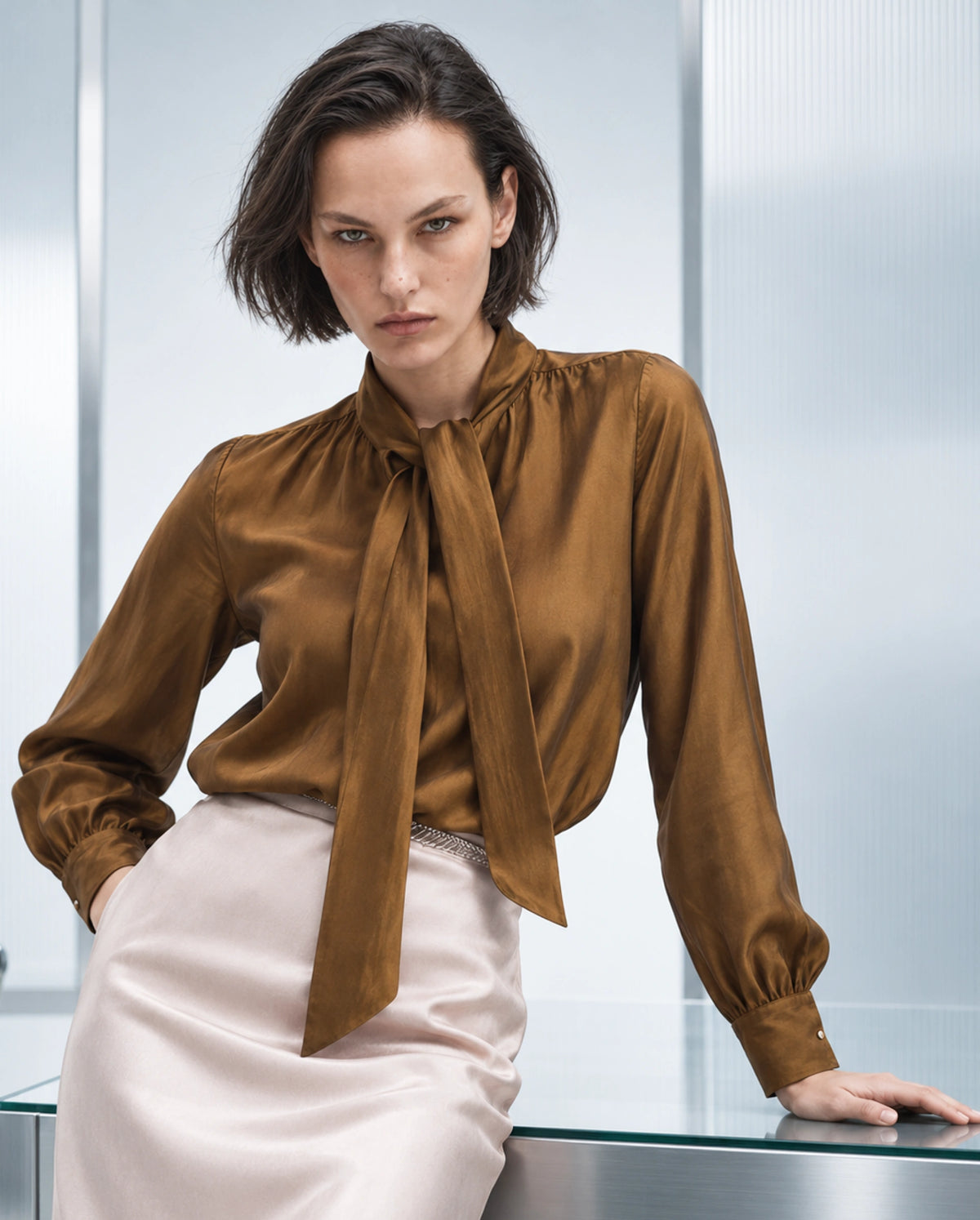Rareism Women's Xyla Gold Viscose Blend Tie-Up Regular Plain Top