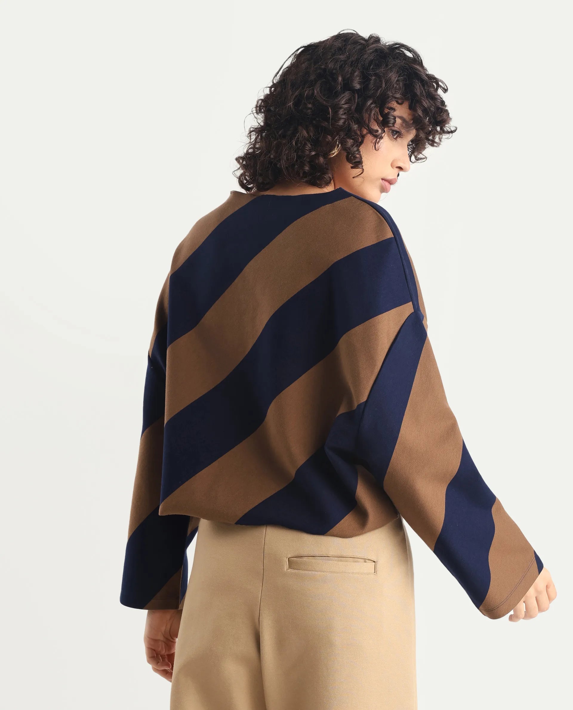 Rareism Women's Yarny Brown Polyester Blend Henley Neck Striped Relaxed Fit Top