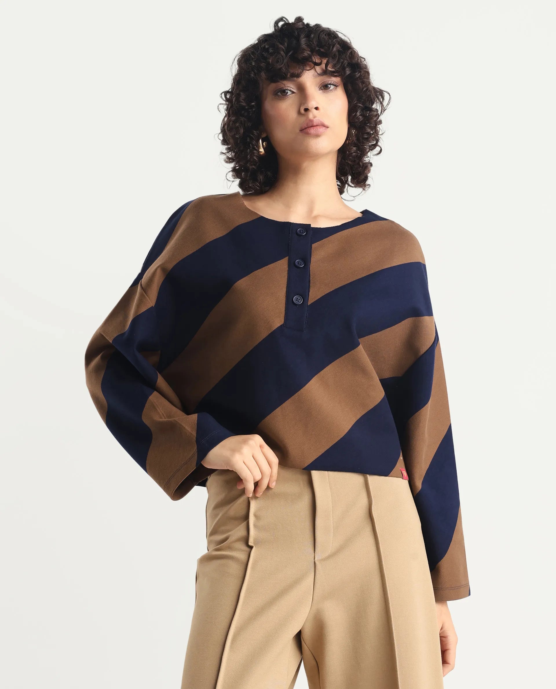 Rareism Women's Yarny Brown Polyester Blend Henley Neck Striped Relaxed Fit Top