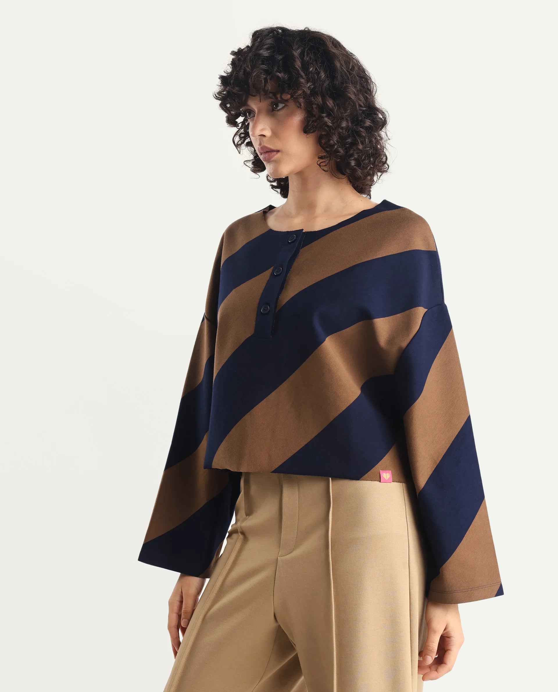 Rareism Women's Yarny Brown Polyester Blend Henley Neck Striped Relaxed Fit Top