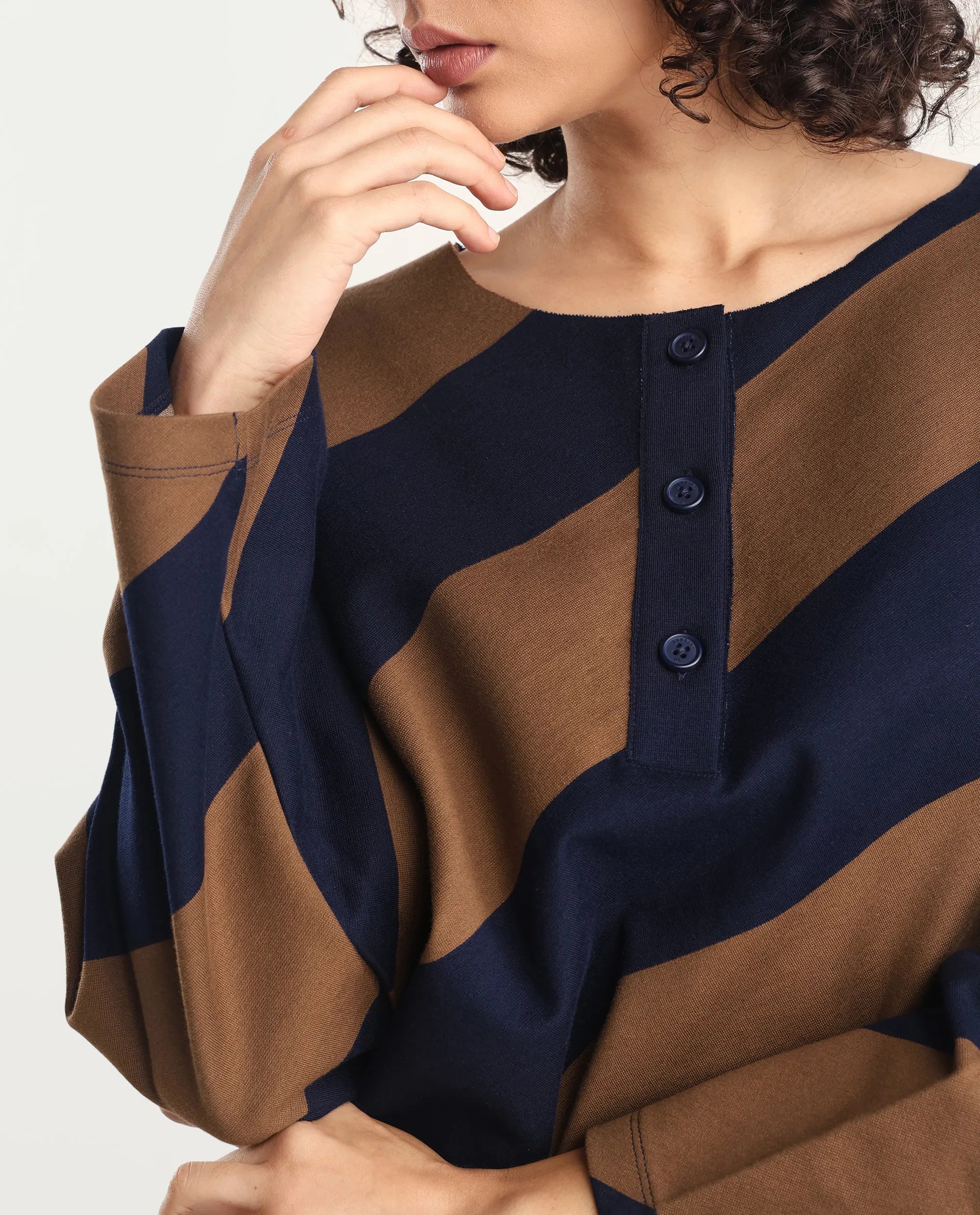 Rareism Women's Yarny Brown Polyester Blend Henley Neck Striped Relaxed Fit Top