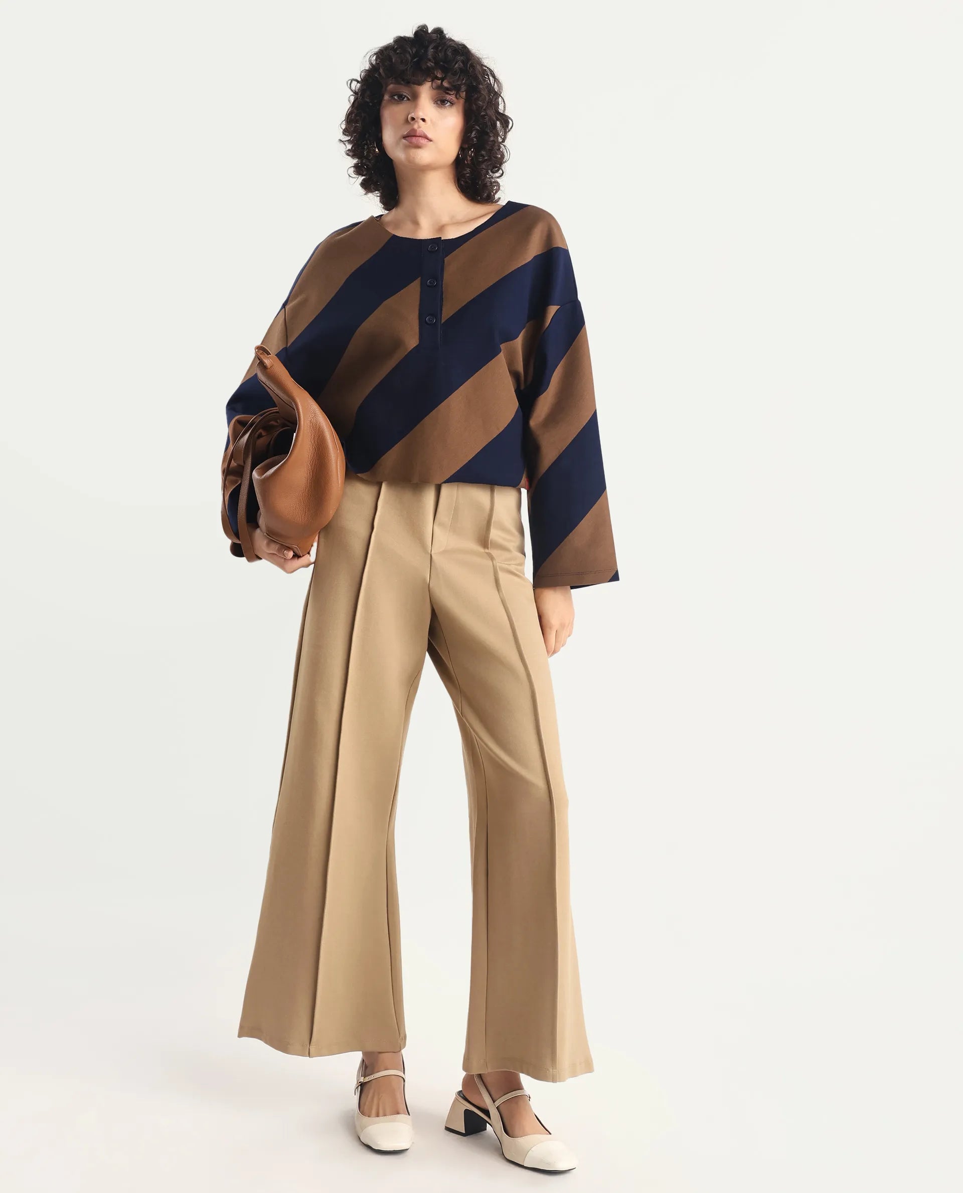 Rareism Women's Yarny Brown Polyester Blend Henley Neck Striped Relaxed Fit Top