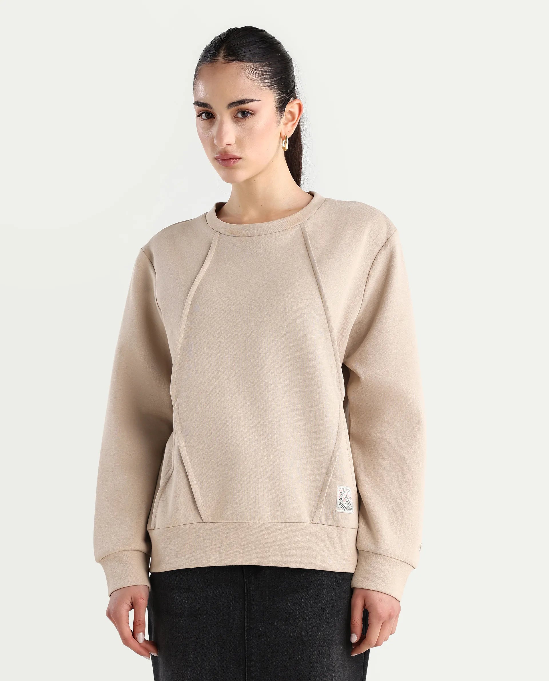 Rareism Women's Yello Beige Cotton Blend Crew Neck Plain Relaxed Fit Sweatshirt