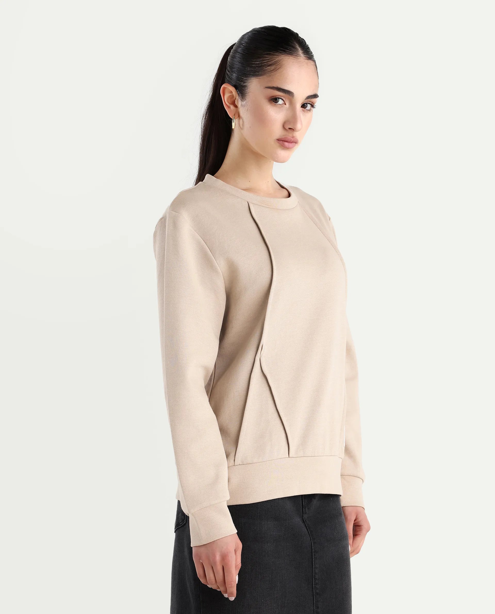 Rareism Women's Yello Beige Cotton Blend Crew Neck Plain Relaxed Fit Sweatshirt