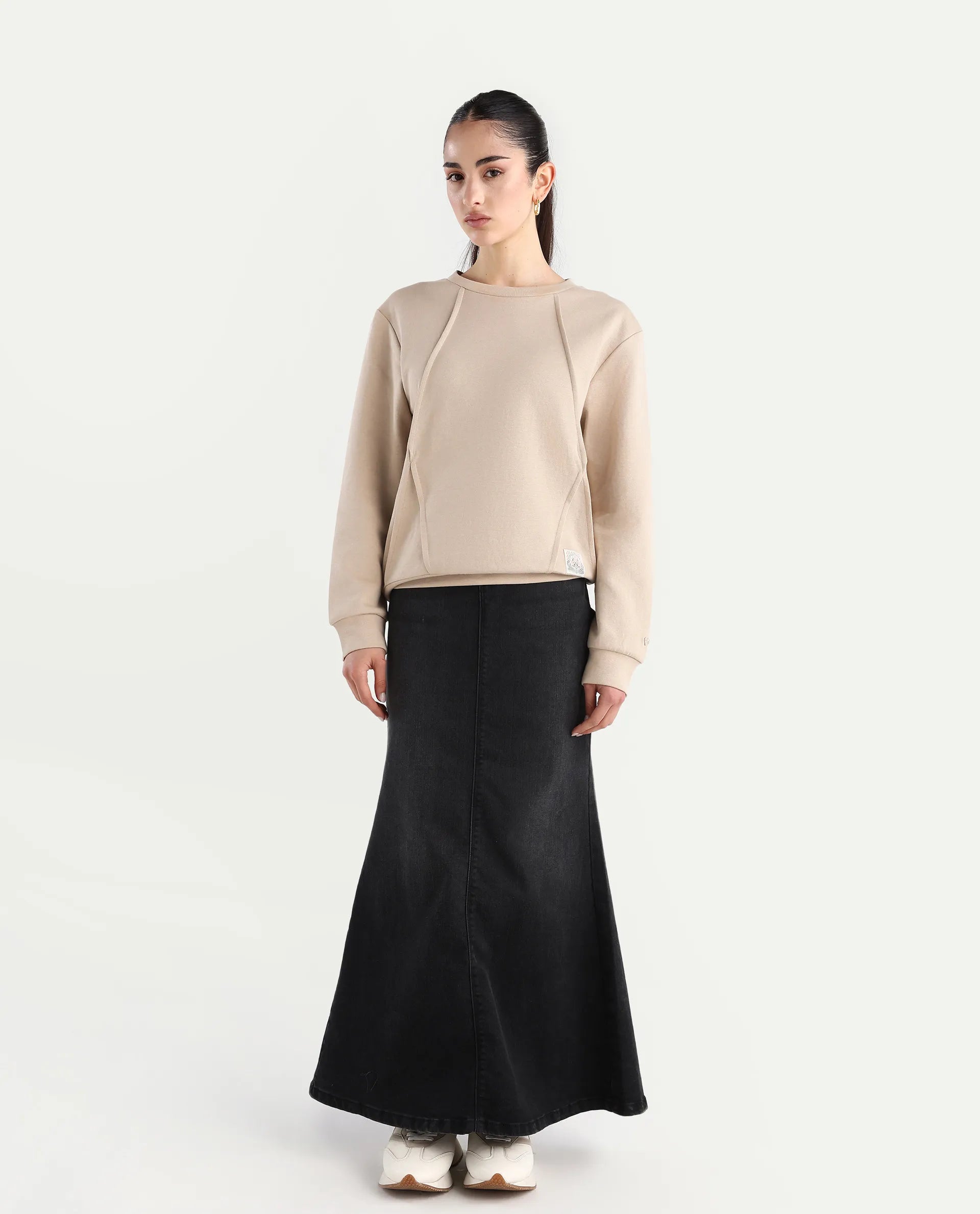 Rareism Women's Yello Beige Cotton Blend Crew Neck Plain Relaxed Fit Sweatshirt