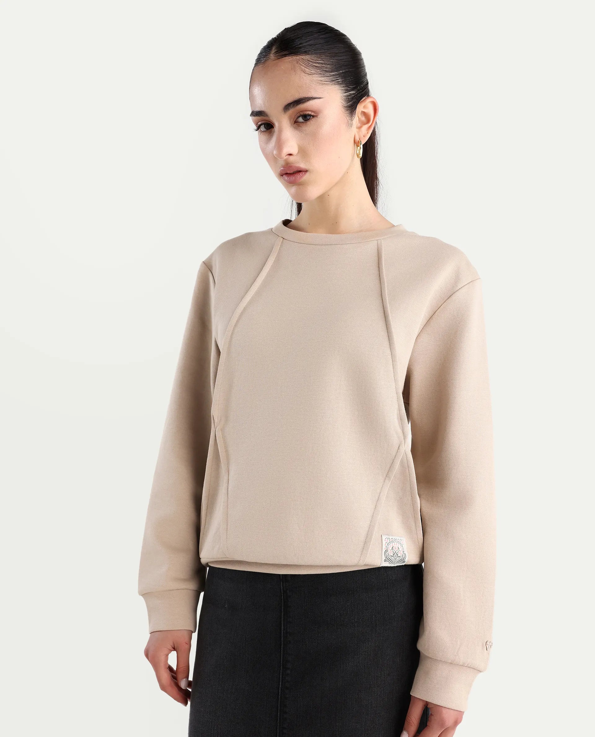 Rareism Women's Yello Beige Cotton Blend Crew Neck Plain Relaxed Fit Sweatshirt