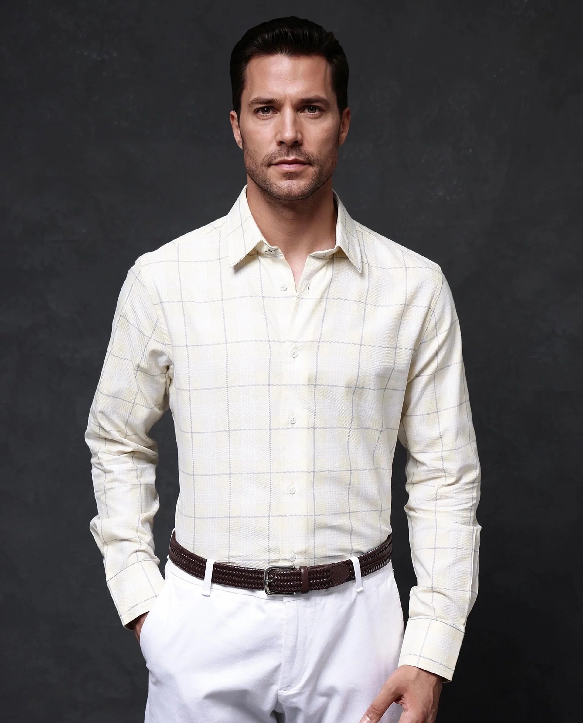 Rare Rabbit Men Yelt Yellow Cotton Fabric Full Sleeve Button Closure Regular Fit Checks Shirt