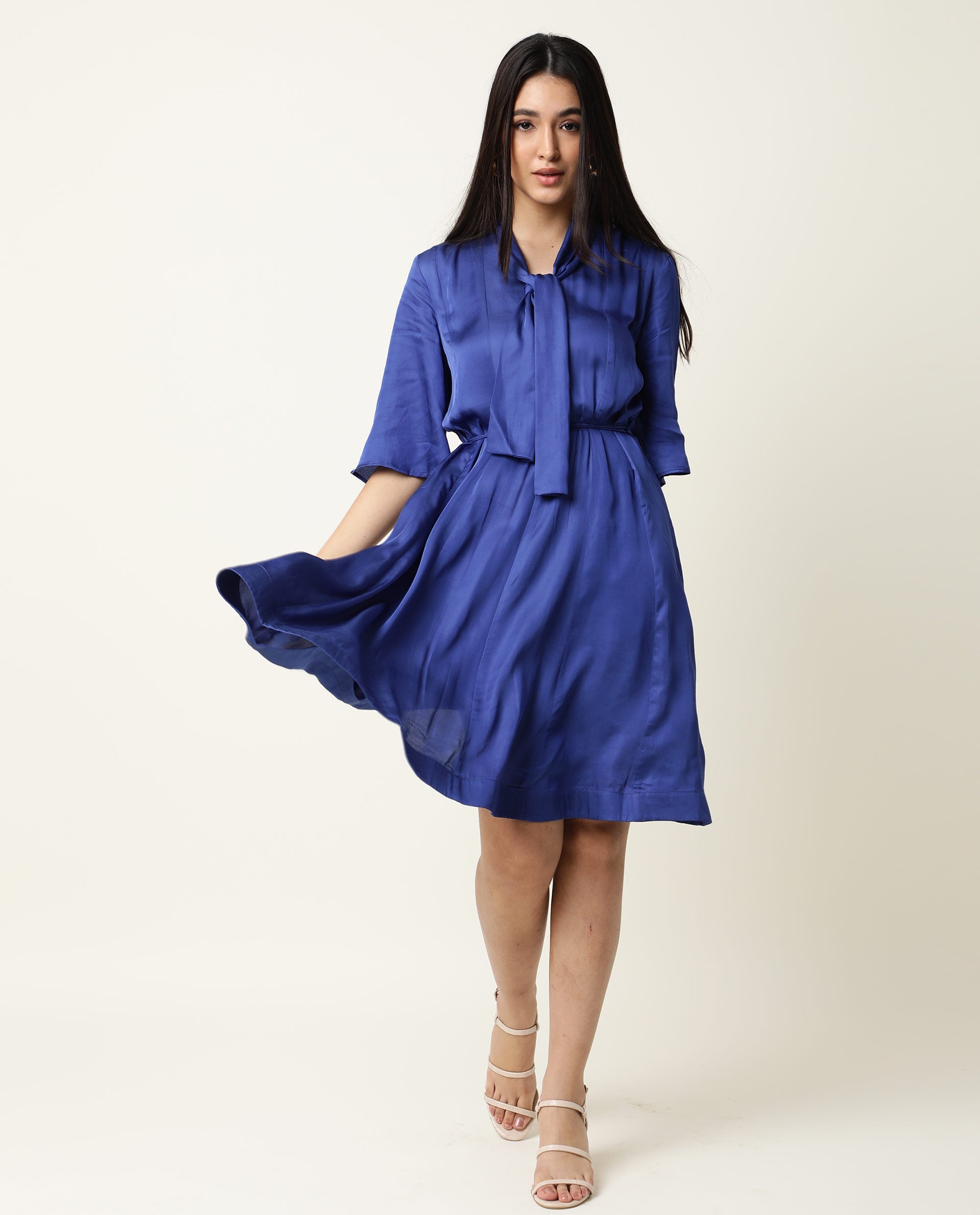Rareism Women Yeme Blue V Neck With Tie Up Flared Sleeves Mini Dress