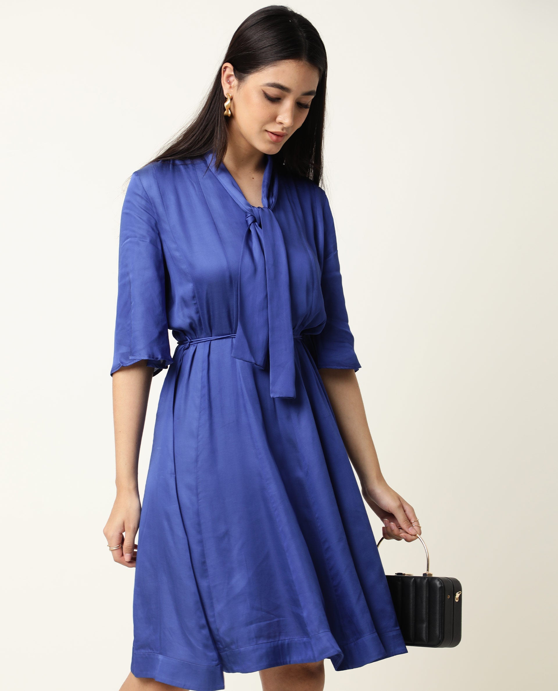 Rareism Women Yeme Blue V Neck With Tie Up Flared Sleeves Mini Dress