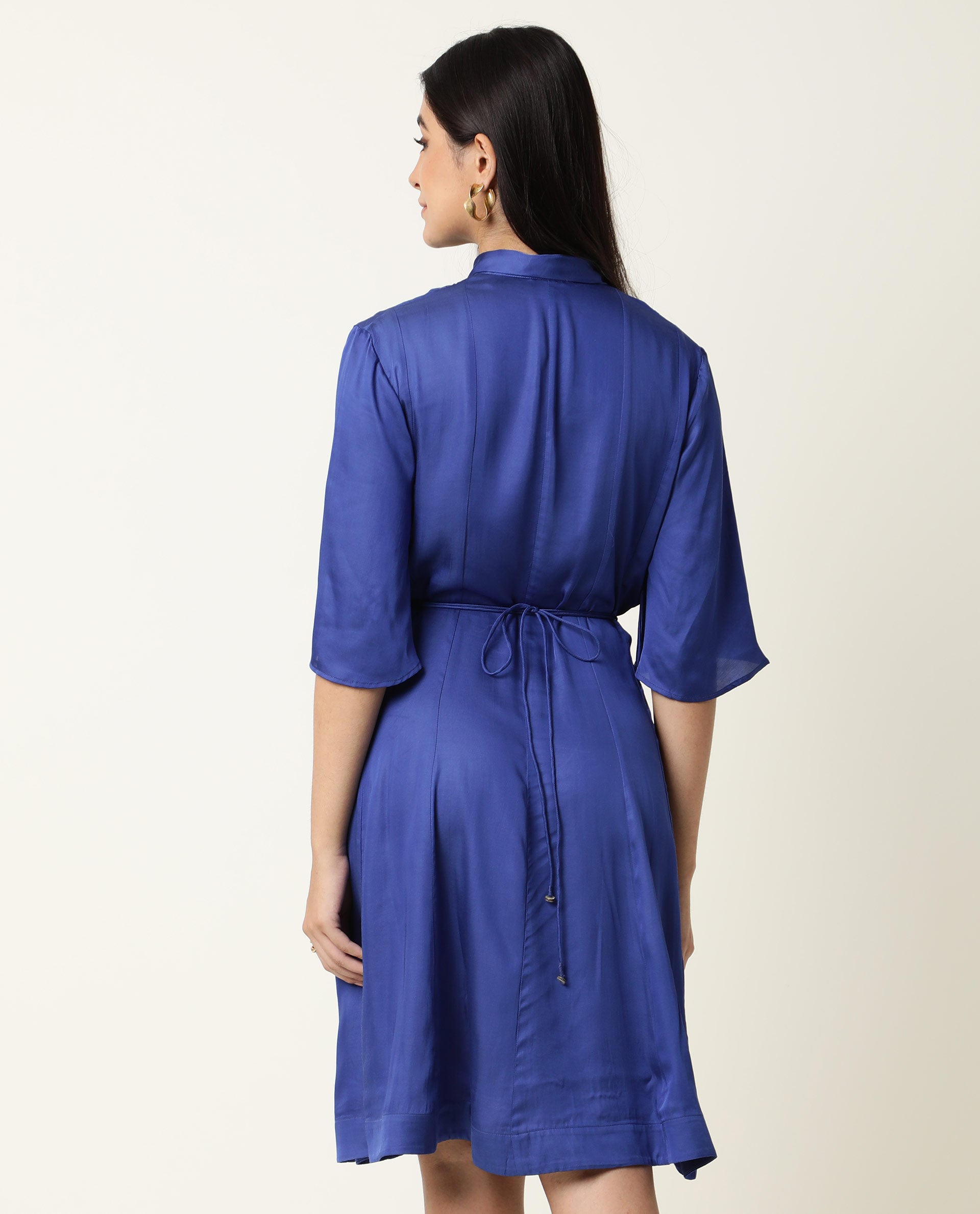 Rareism Women Yeme Blue V Neck With Tie Up Flared Sleeves Mini Dress
