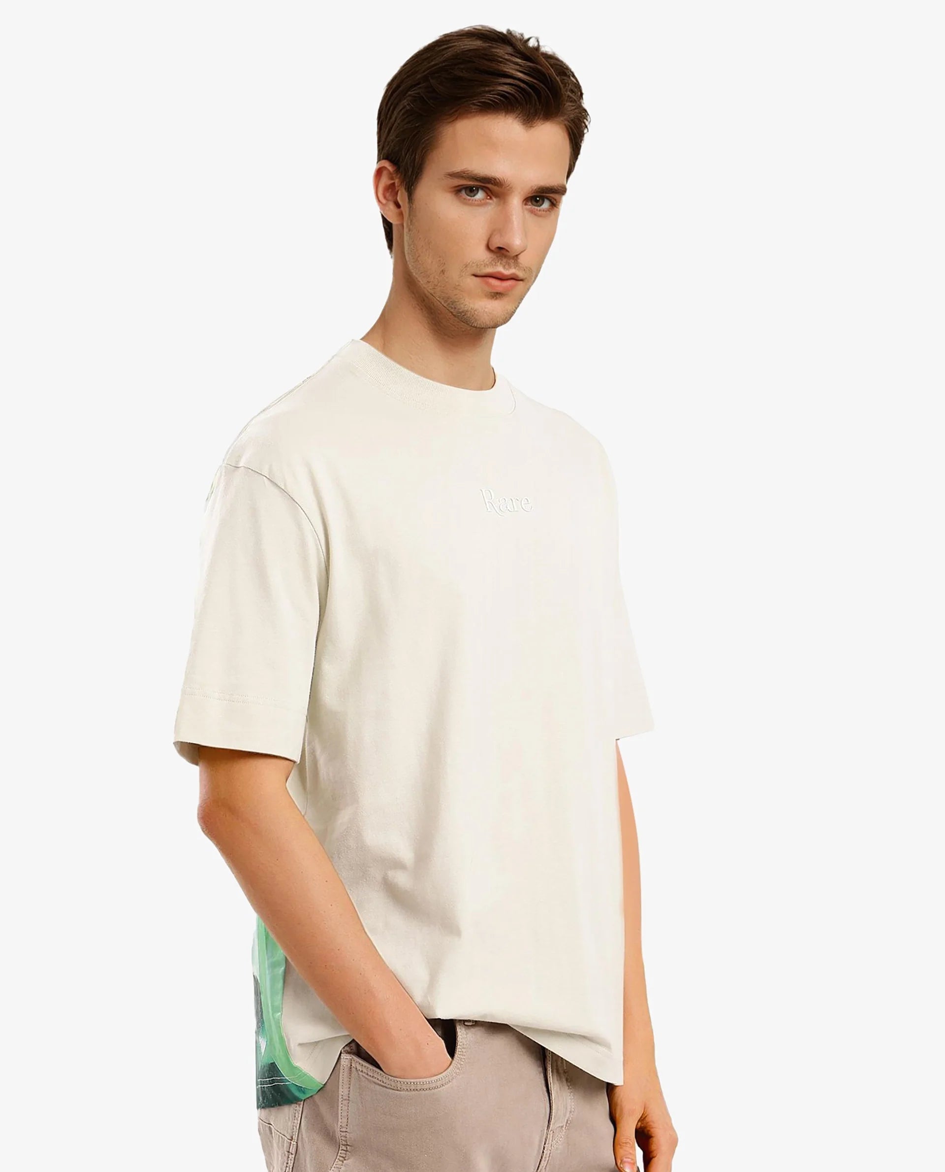 Rare Rabbit Men Yoko Pastel Green Short Sleeve Crew Neck Oversized Fit Placement Logo Print T-Shirt