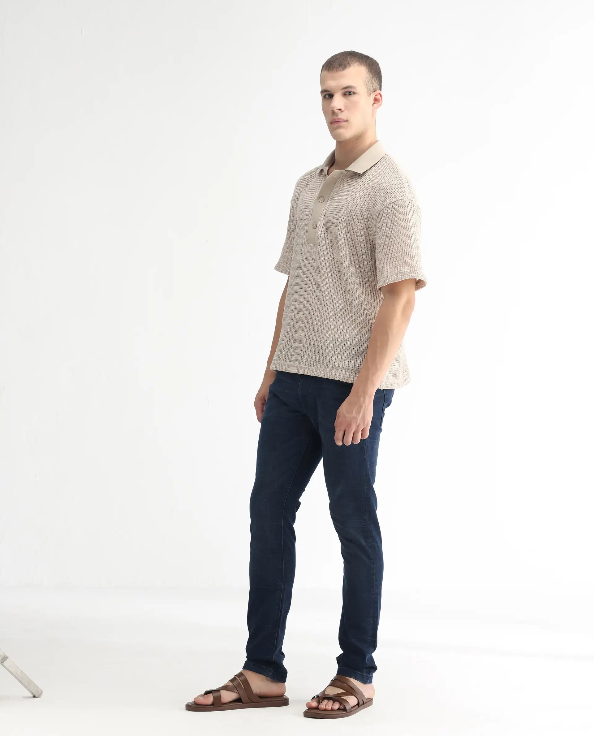 Rare Rabbit Men's Yoshi Dark Blue Cotton Plain Hawk Slim Fit Jeans