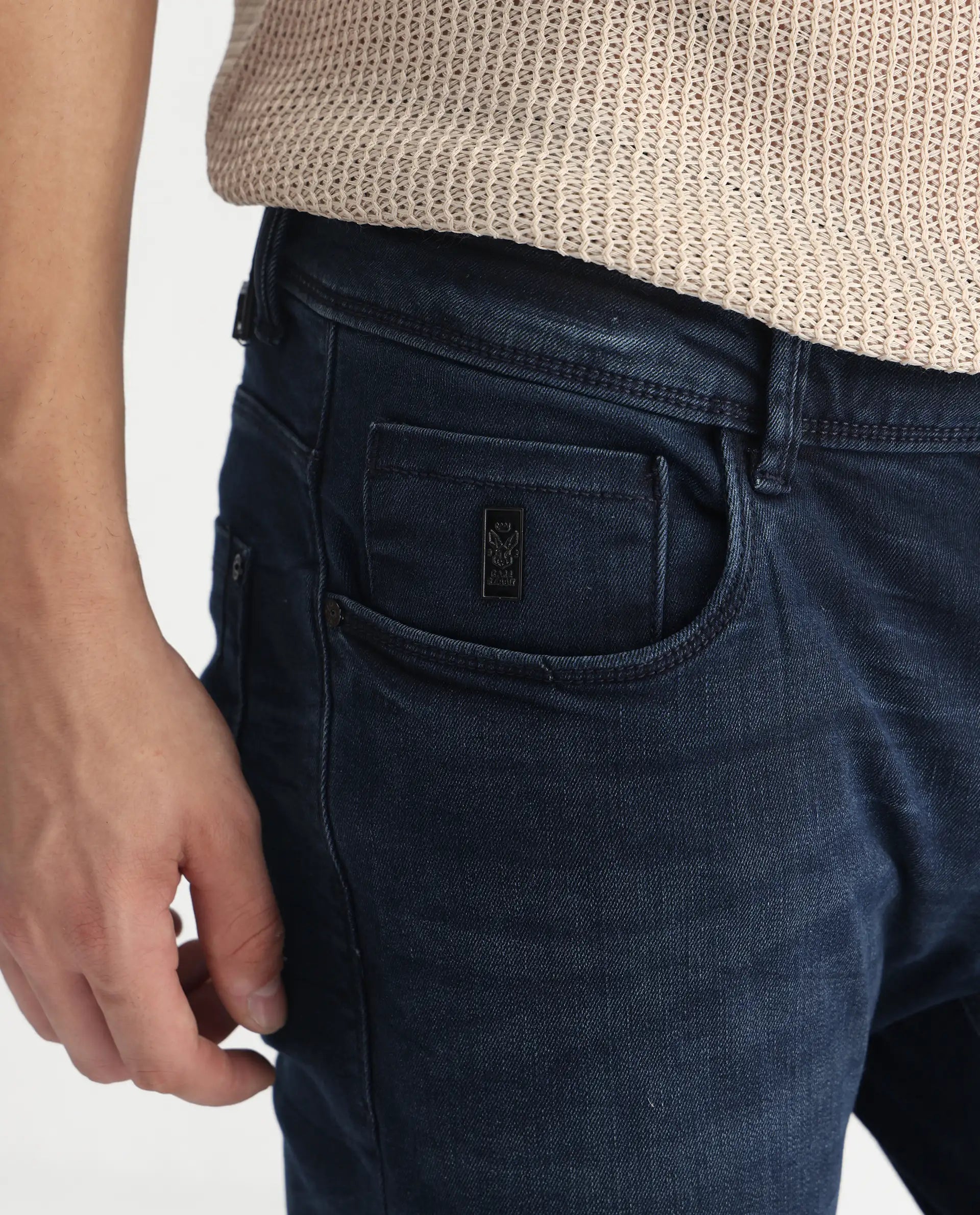 Rare Rabbit Men's Yoshi Dark Blue Cotton Plain Hawk Slim Fit Jeans