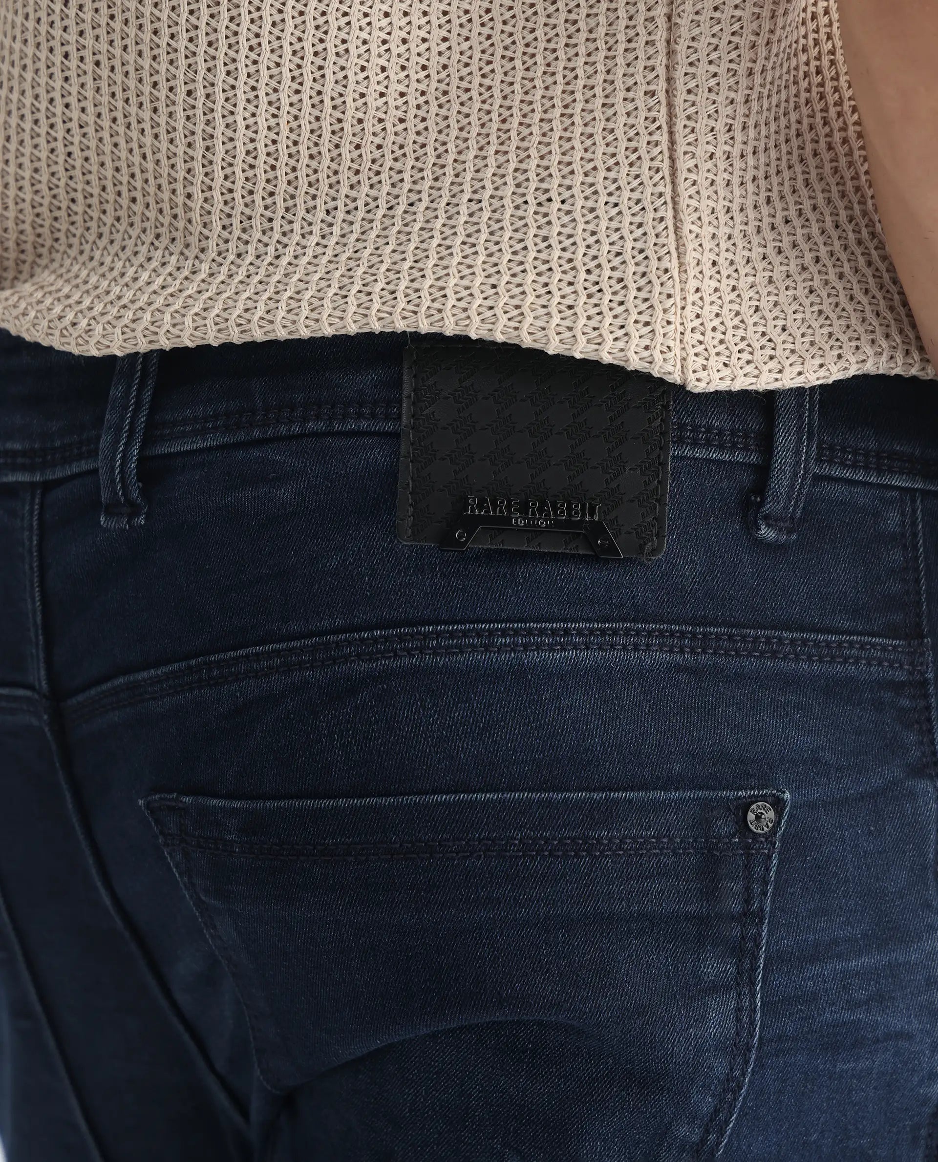 Rare Rabbit Men's Yoshi Dark Blue Cotton Plain Hawk Slim Fit Jeans