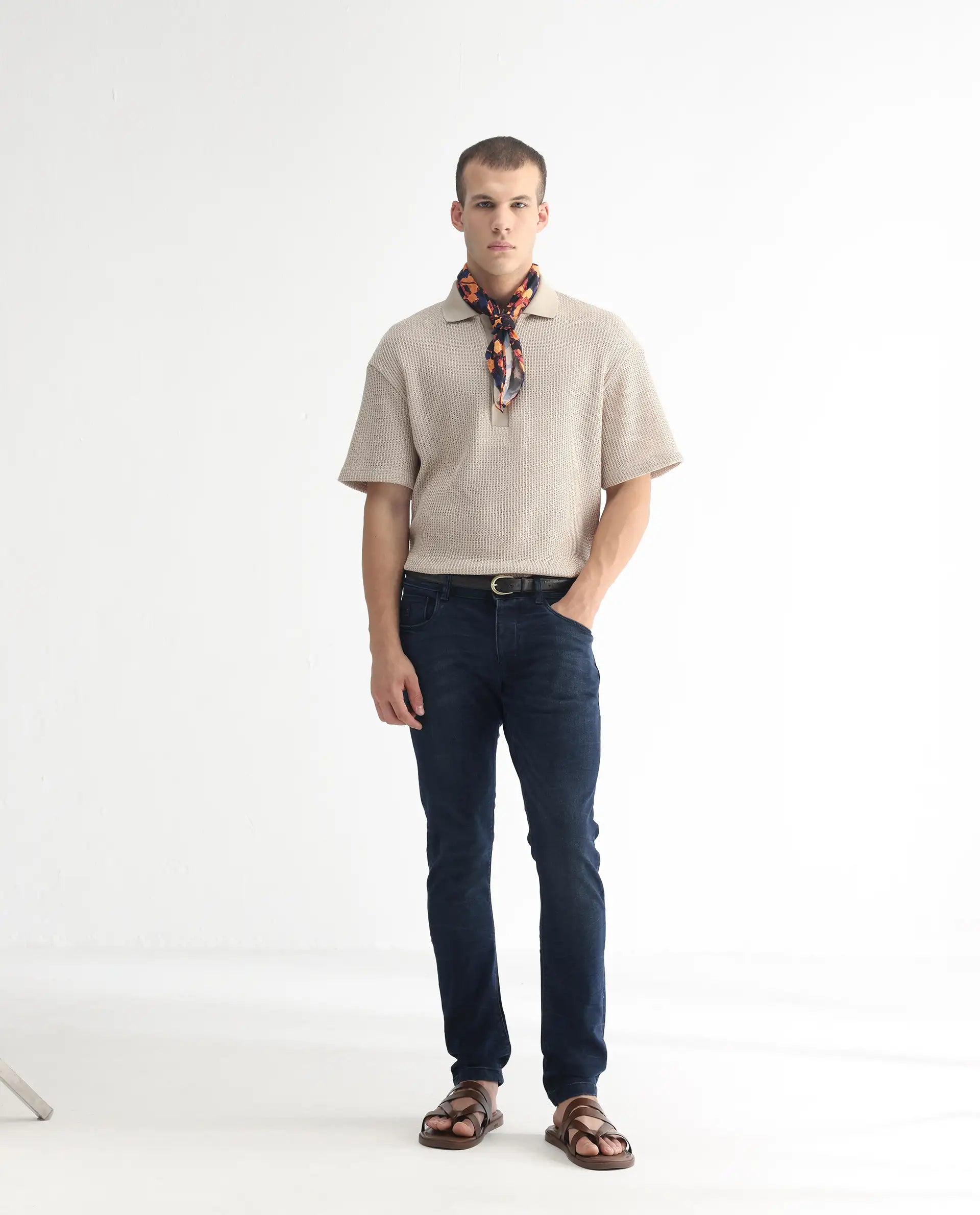 Rare Rabbit Men's Yoshi Dark Blue Cotton Plain Hawk Slim Fit Jeans