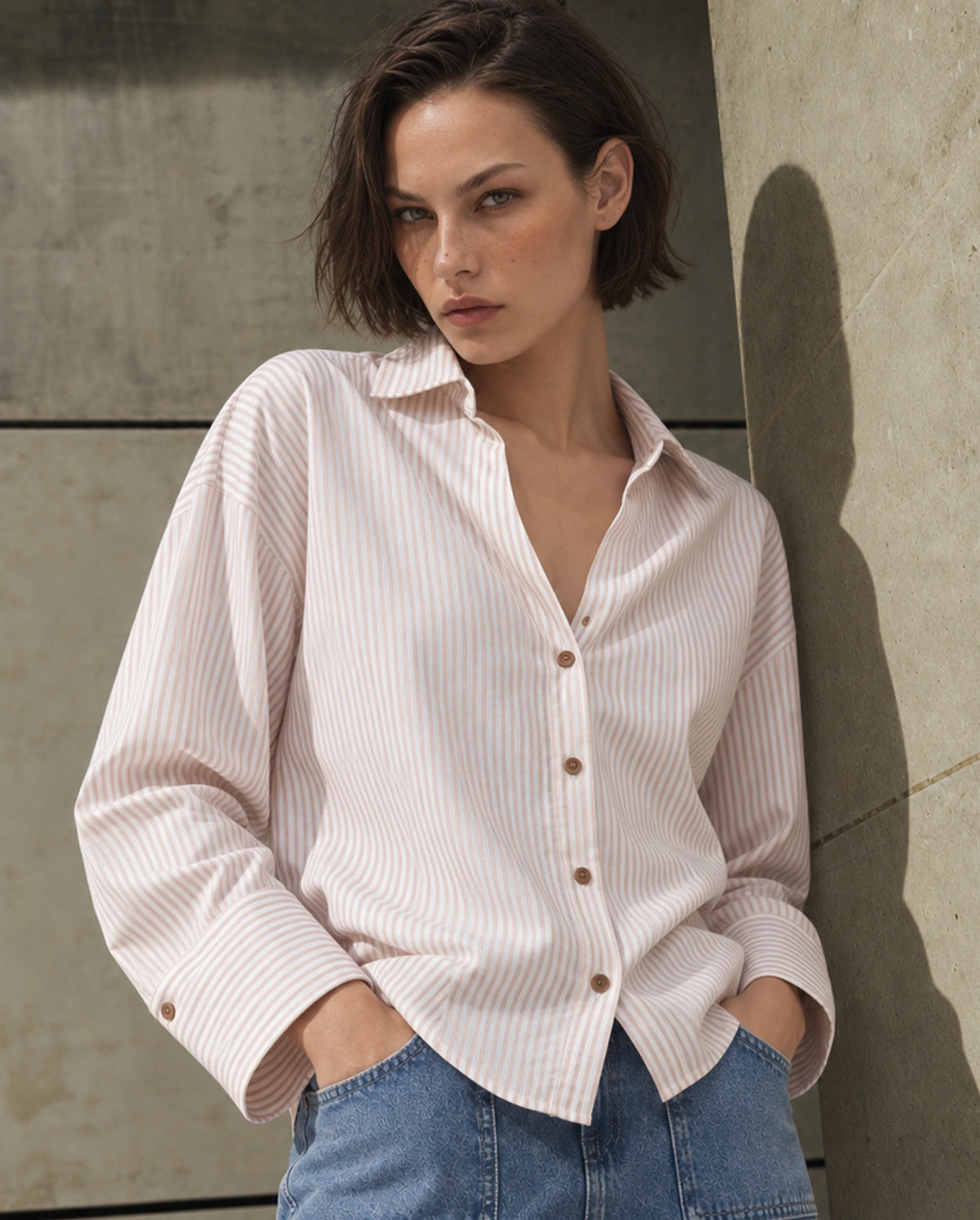 Rareism Women's Yusi Beige Cotton Button Relaxed Fit Striped Shirt