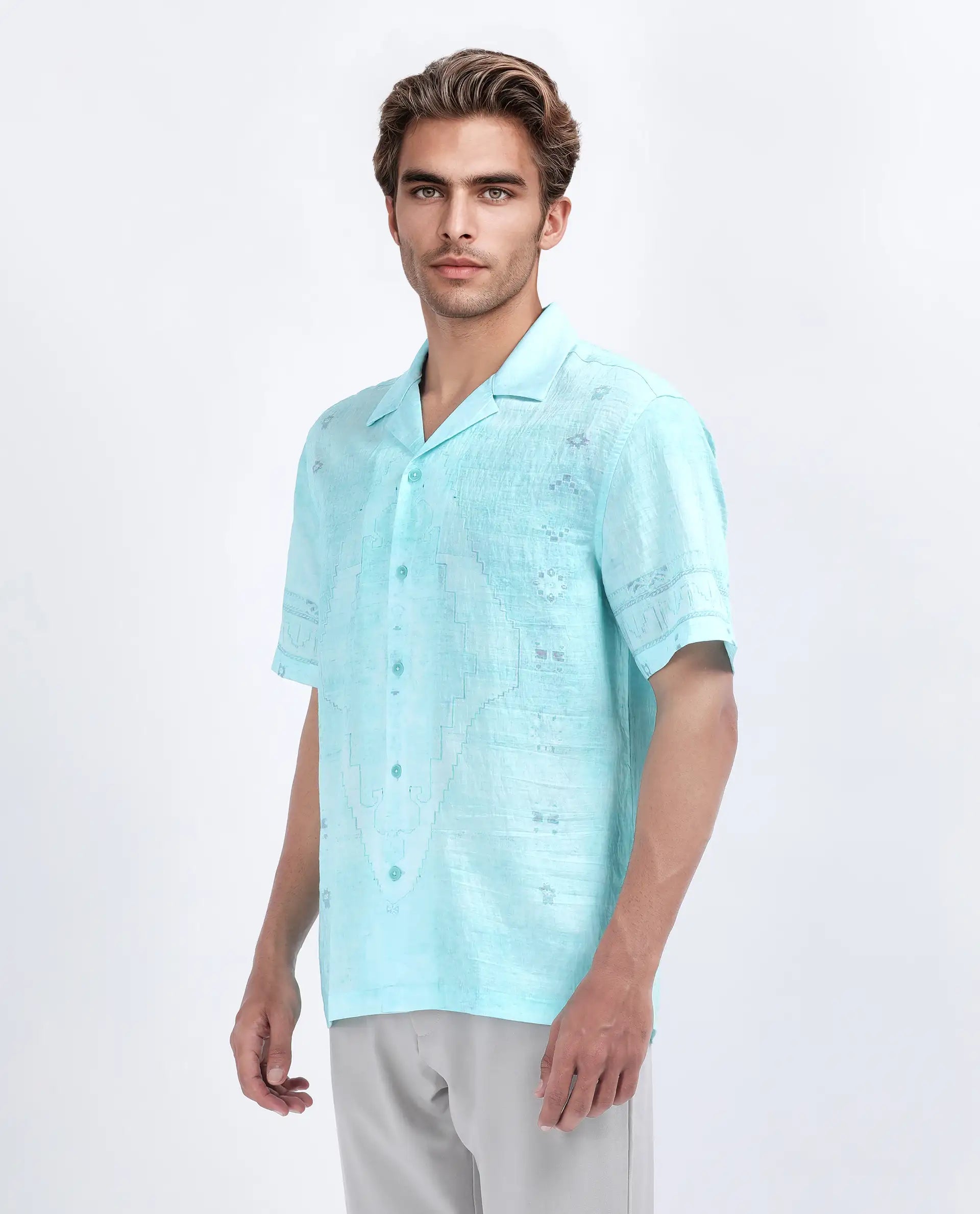 Rare Rabbit Men's Yusi Blue Viscose Jacquard Boxy Fit Half Sleeve Cuban Collar Shirt