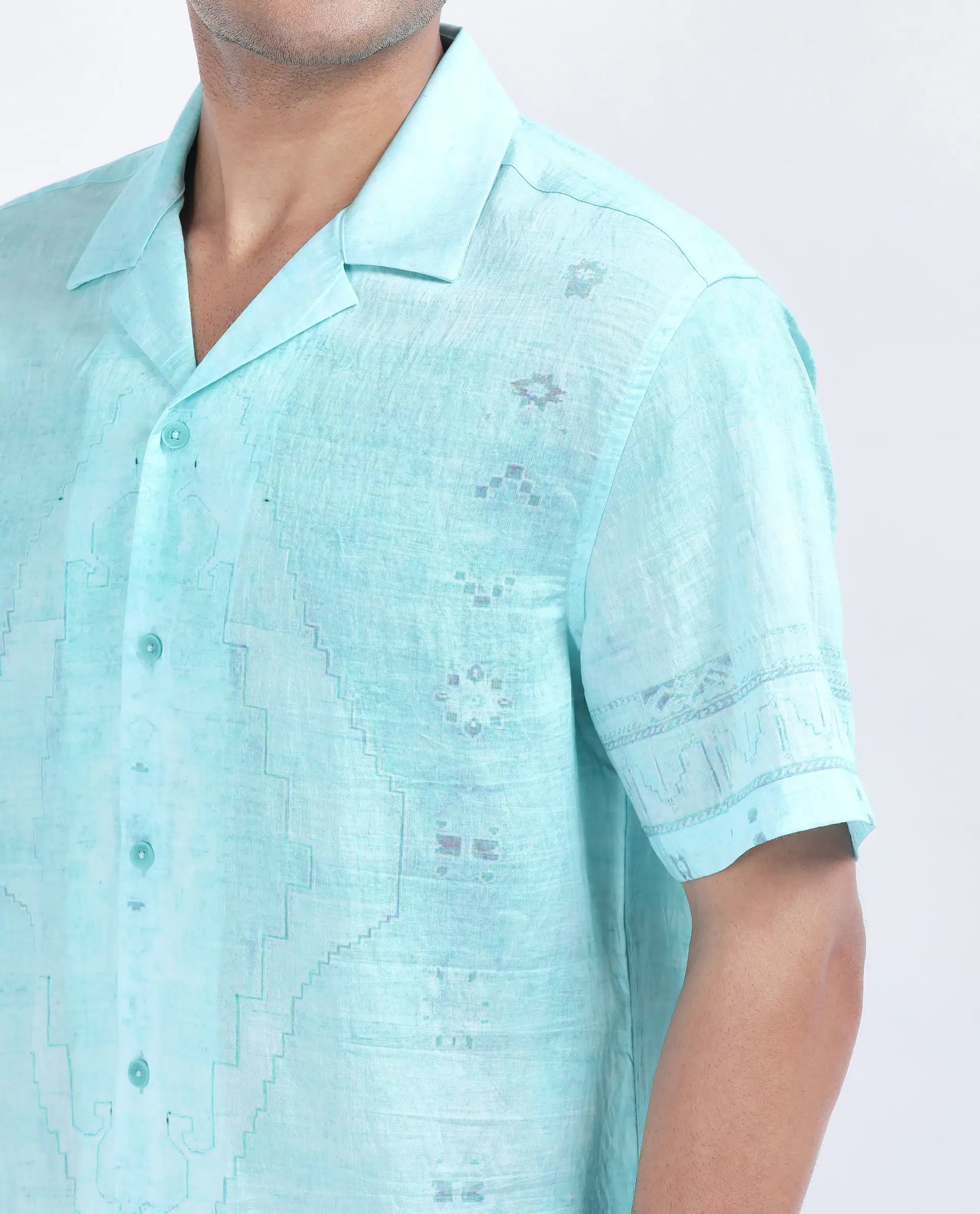 Rare Rabbit Men's Yusi Blue Viscose Jacquard Boxy Fit Half Sleeve Cuban Collar Shirt